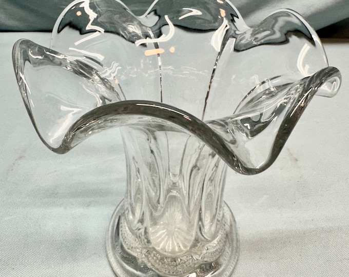 Vintage Clear Cut Depression Glass Vase With Ruffled Edge and Diamond Swag Pattern