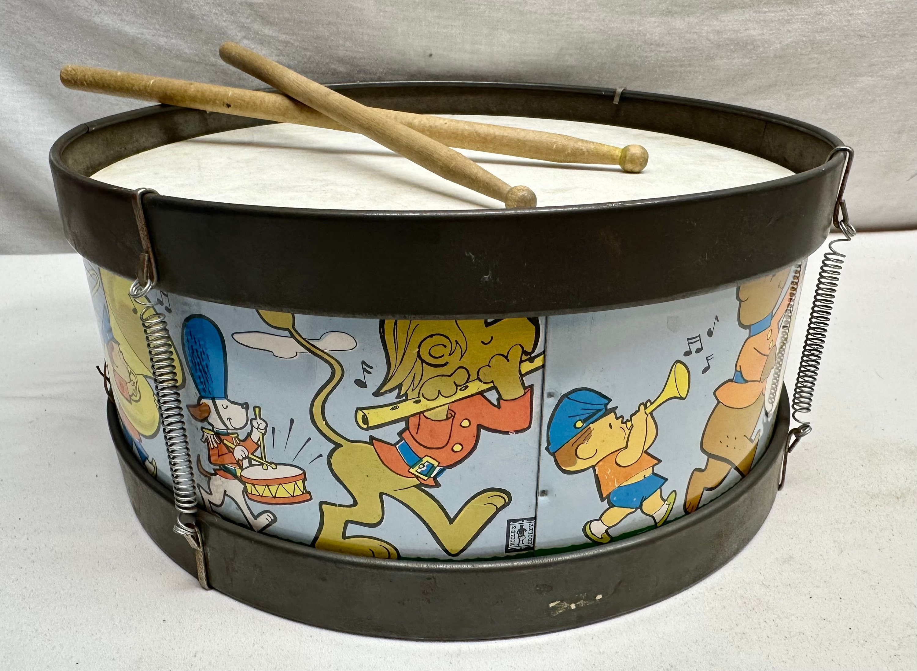 Vintage Noble and Cooley Metal Toy Drum with Two Wooden Drum Sticks