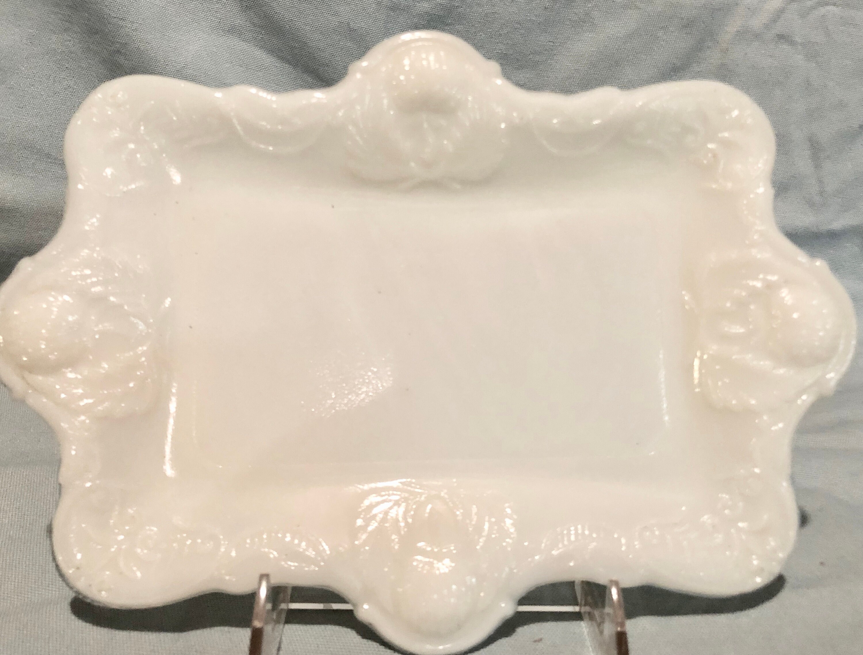 White Milk Glass Vintage Serving Tray/Vanity Tray with Fruit Pattern