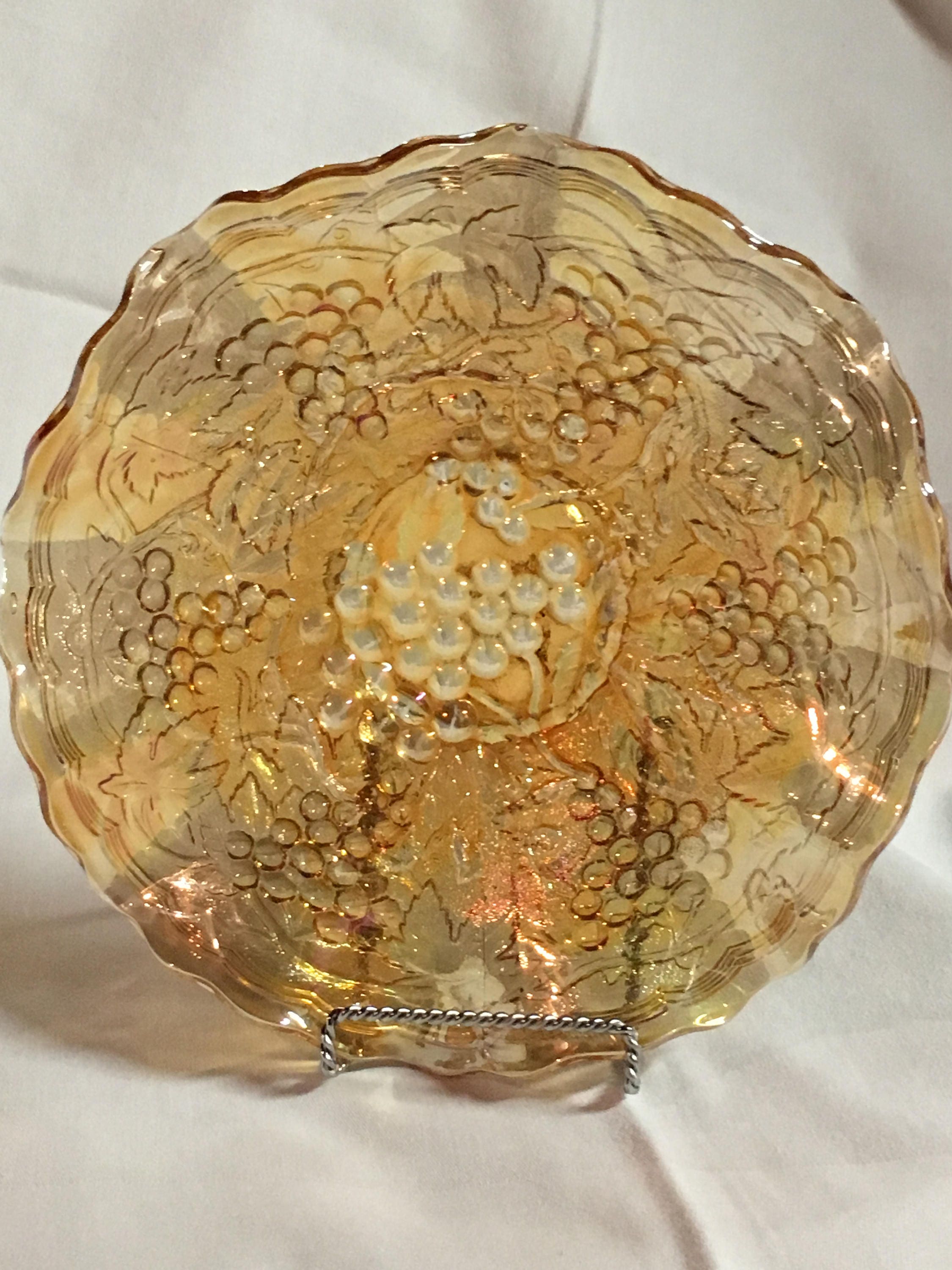 Antique Amber Carnival Glass Vines & Grapes Dish