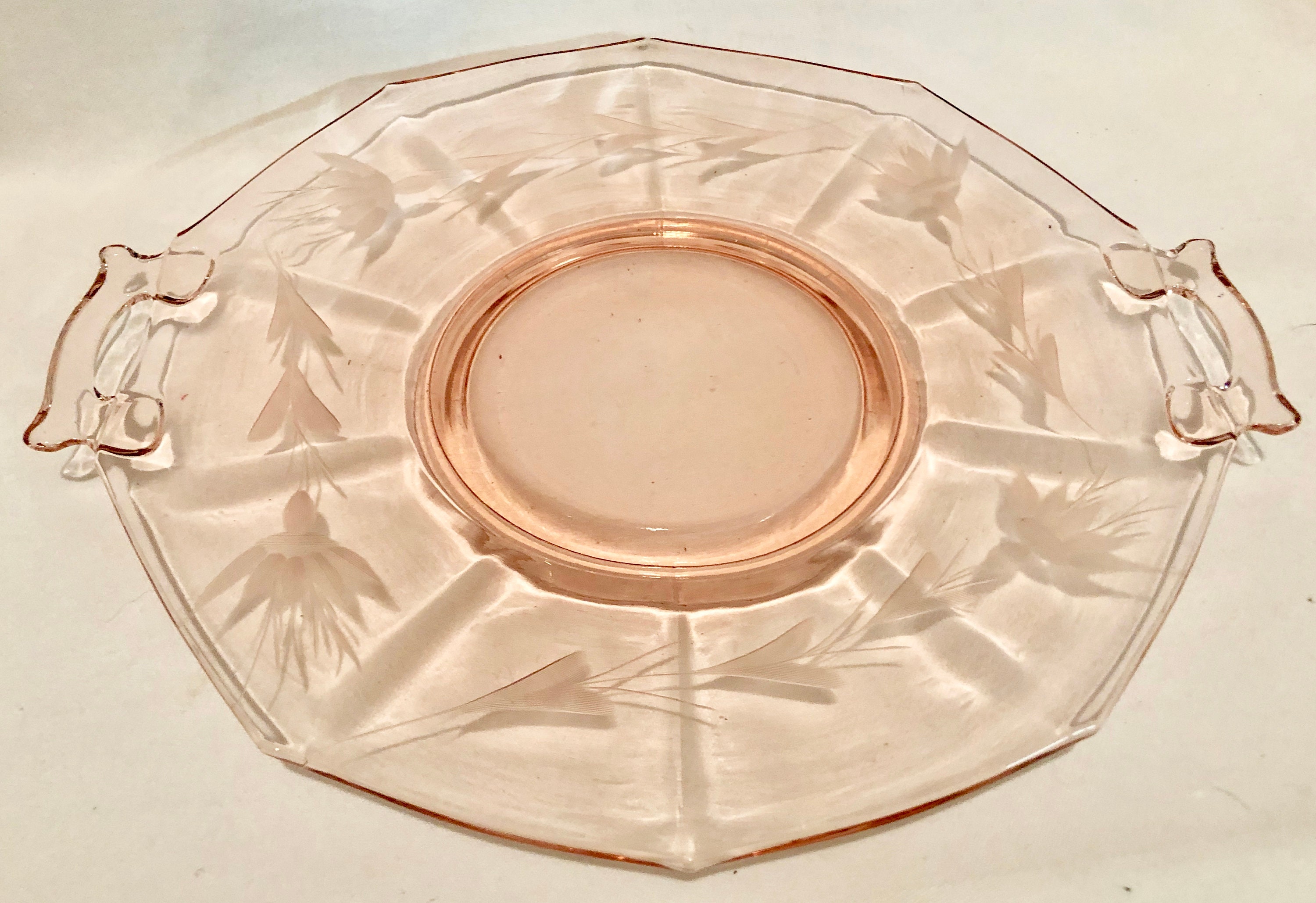 Vintage Blush Pink Depression Glass Cake Serving Plate With Etched