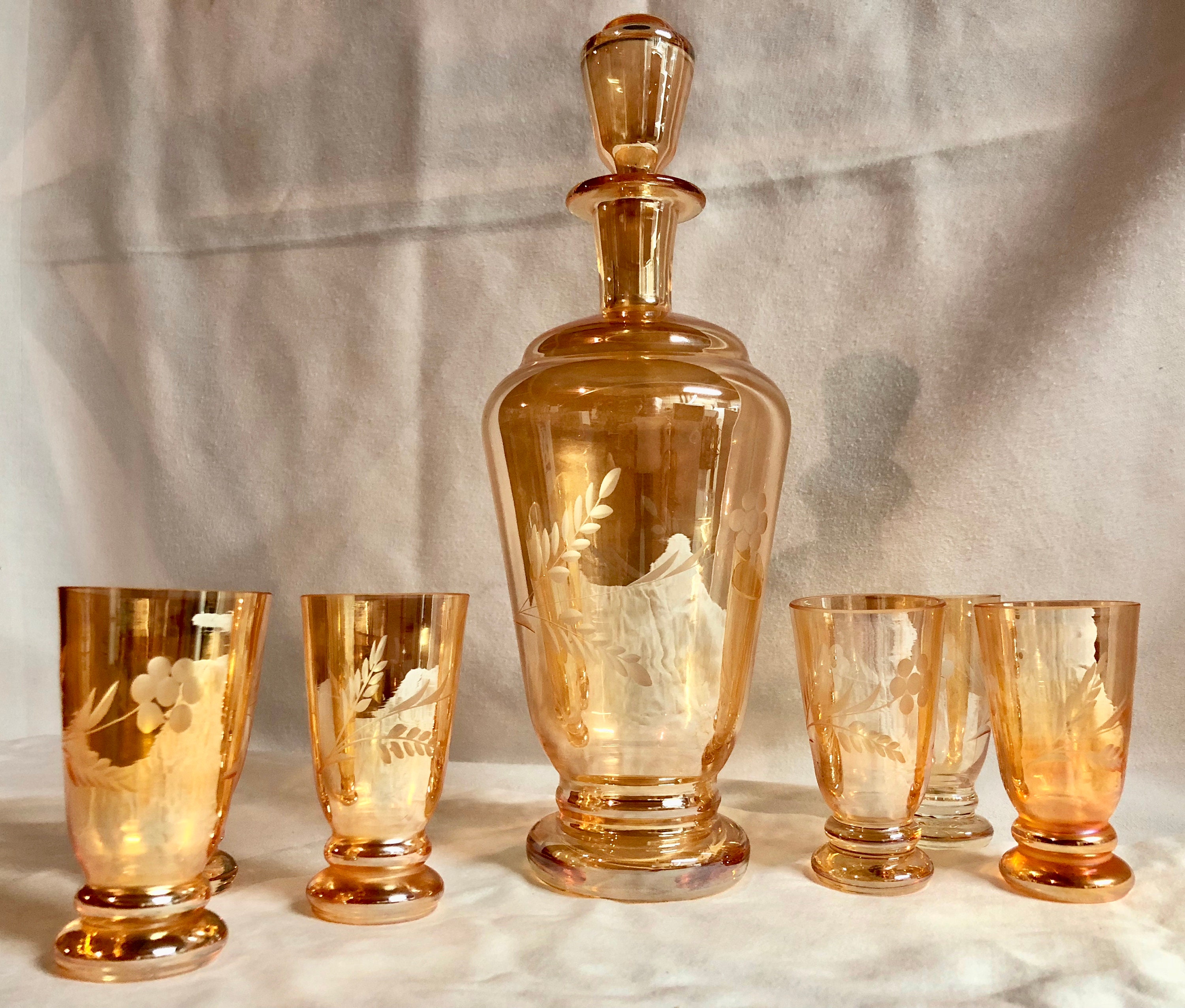 RESERVED for RICK Amber Gold Iridescent Carnival Glass Decanter and Set