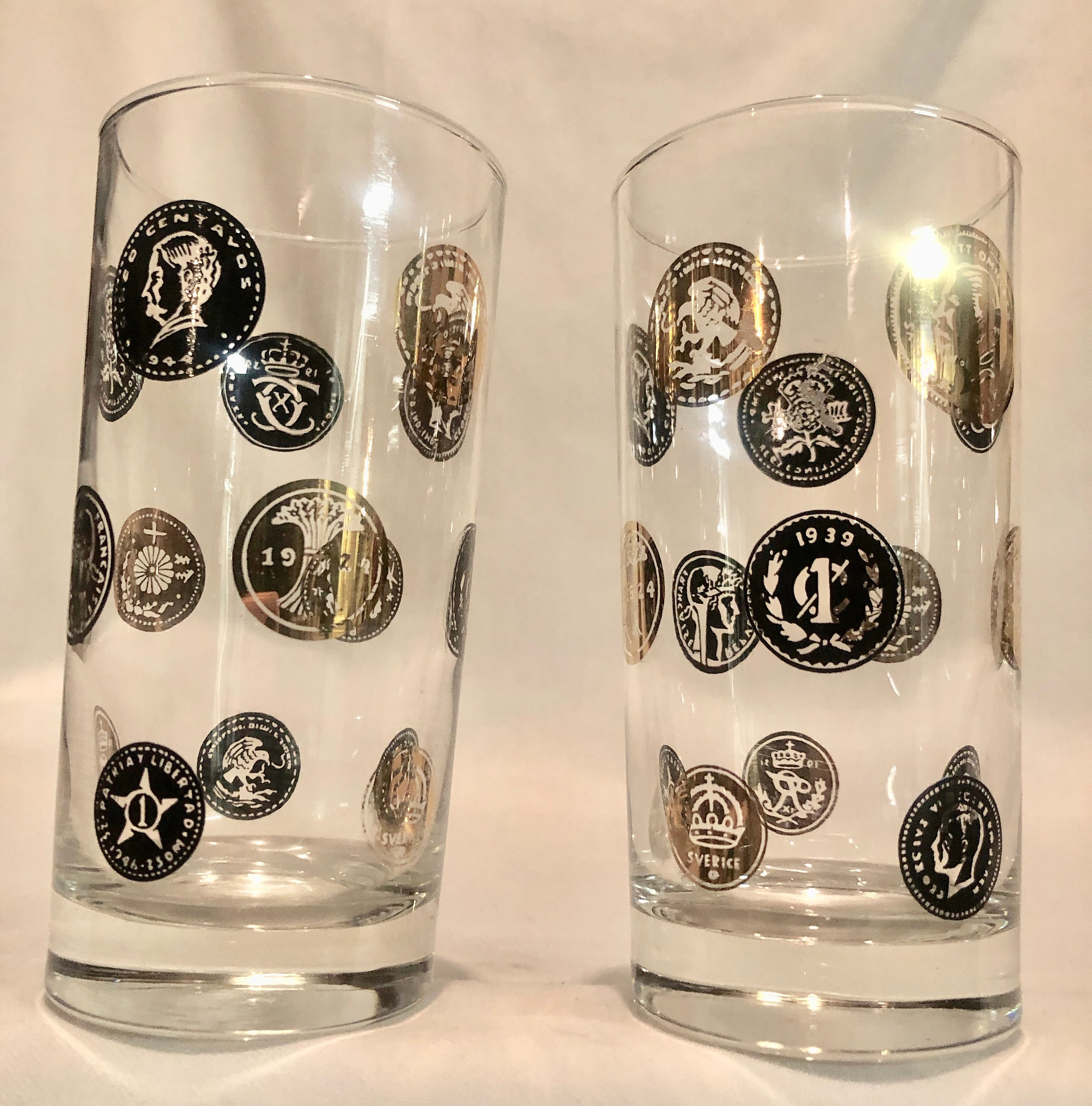 Vintage MidCentury Black & Gold Coin Libby Regency Highball Glasses -Set of  Two