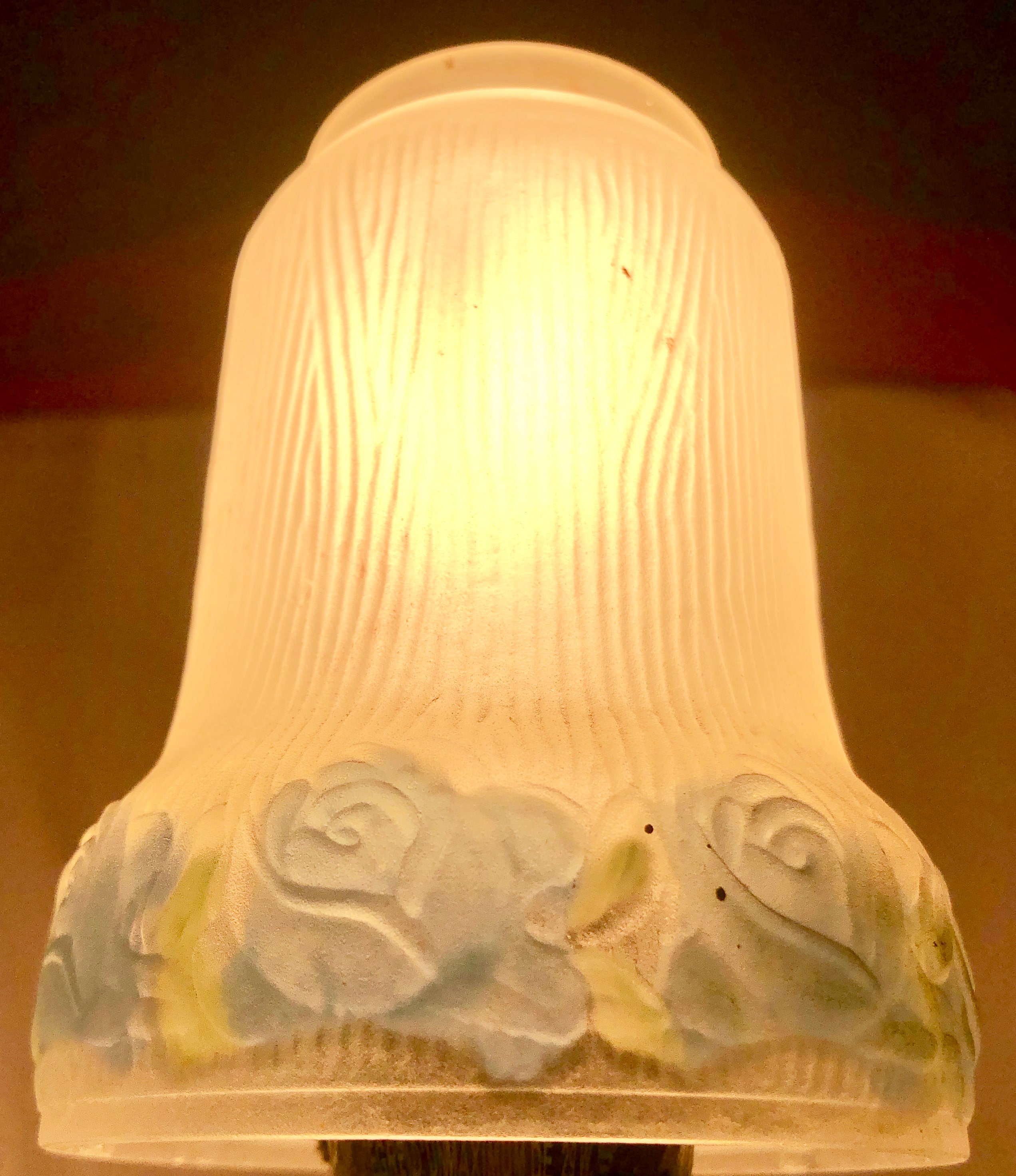 Antique Victorian Frosted Glass Lamp Shade with Blue Hand Painted Flowers