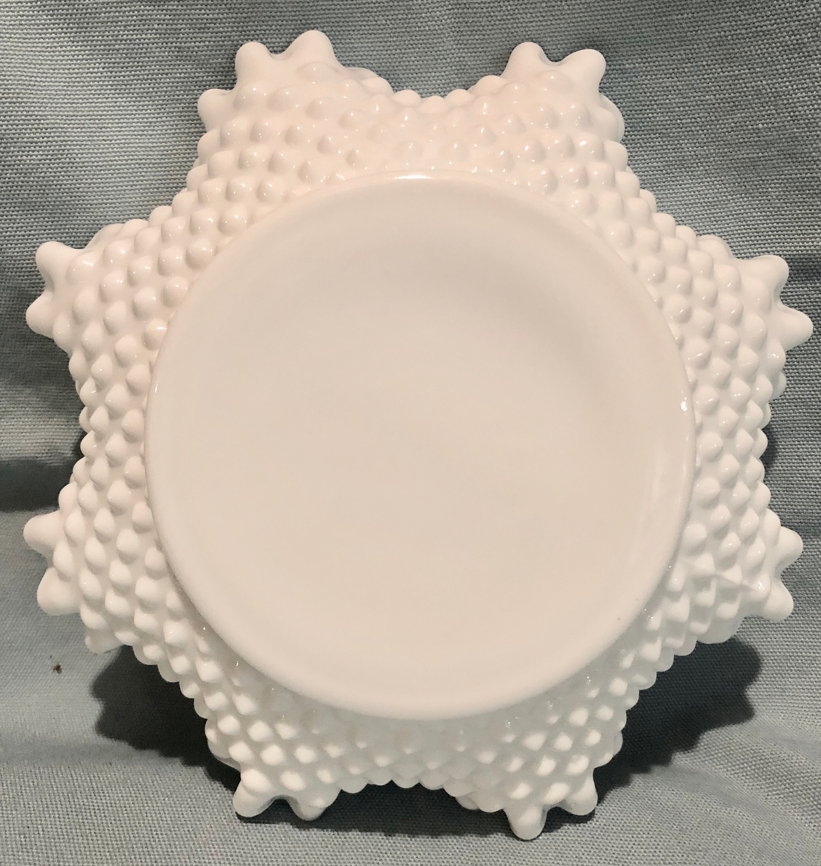 White Milk Glass Hobnail Bowl with Ruffled Edge