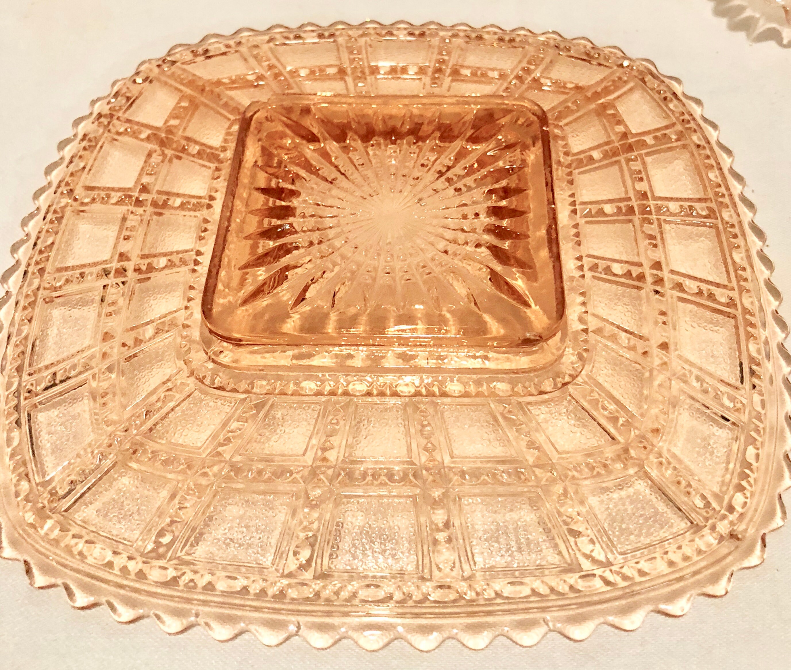 Antique Blush Pink Depression Glass Square Salad/Dessert Plates Set of Two