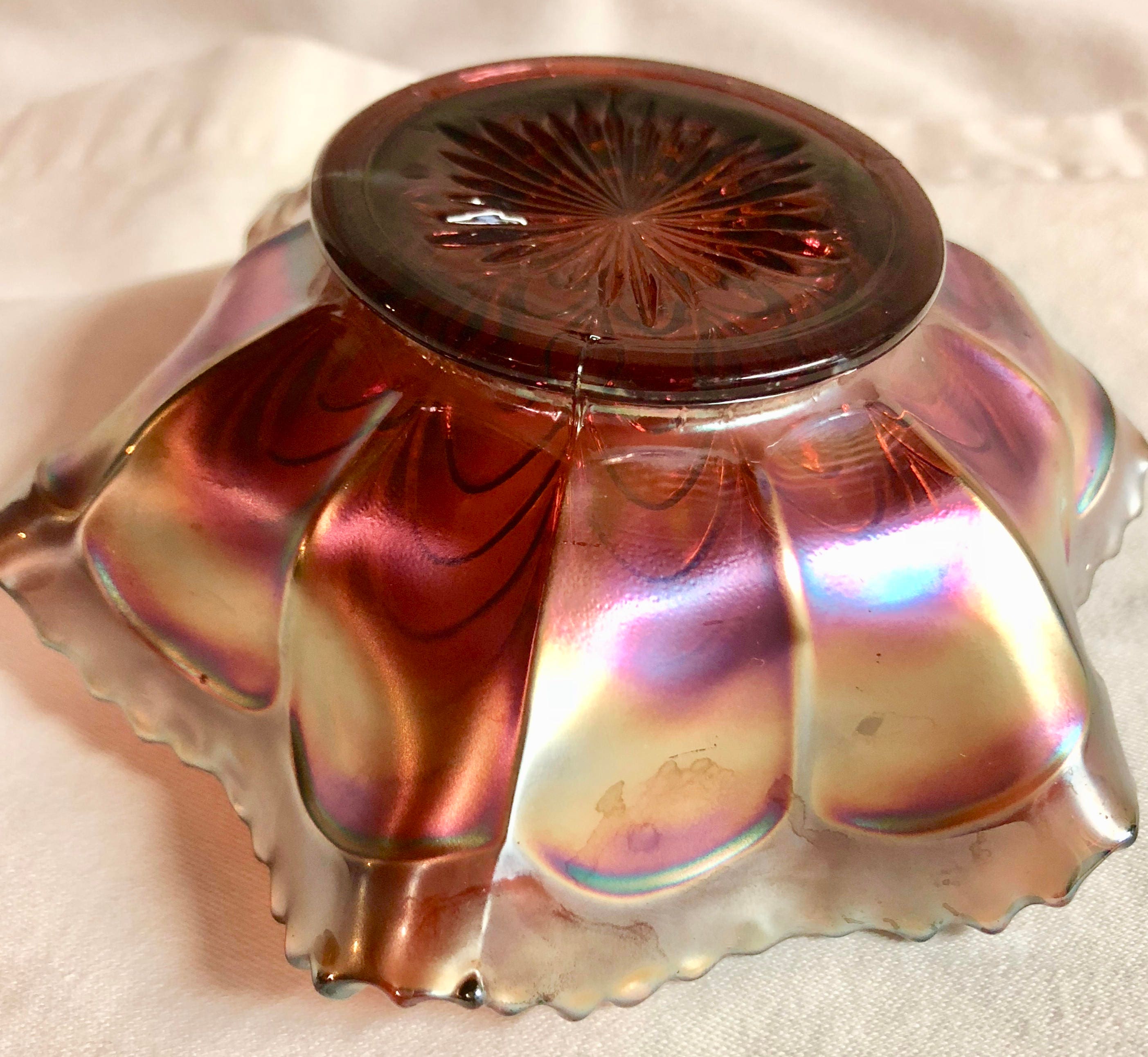 Amber Iridescent Carnival Glass Wave Pattern Candy Dish