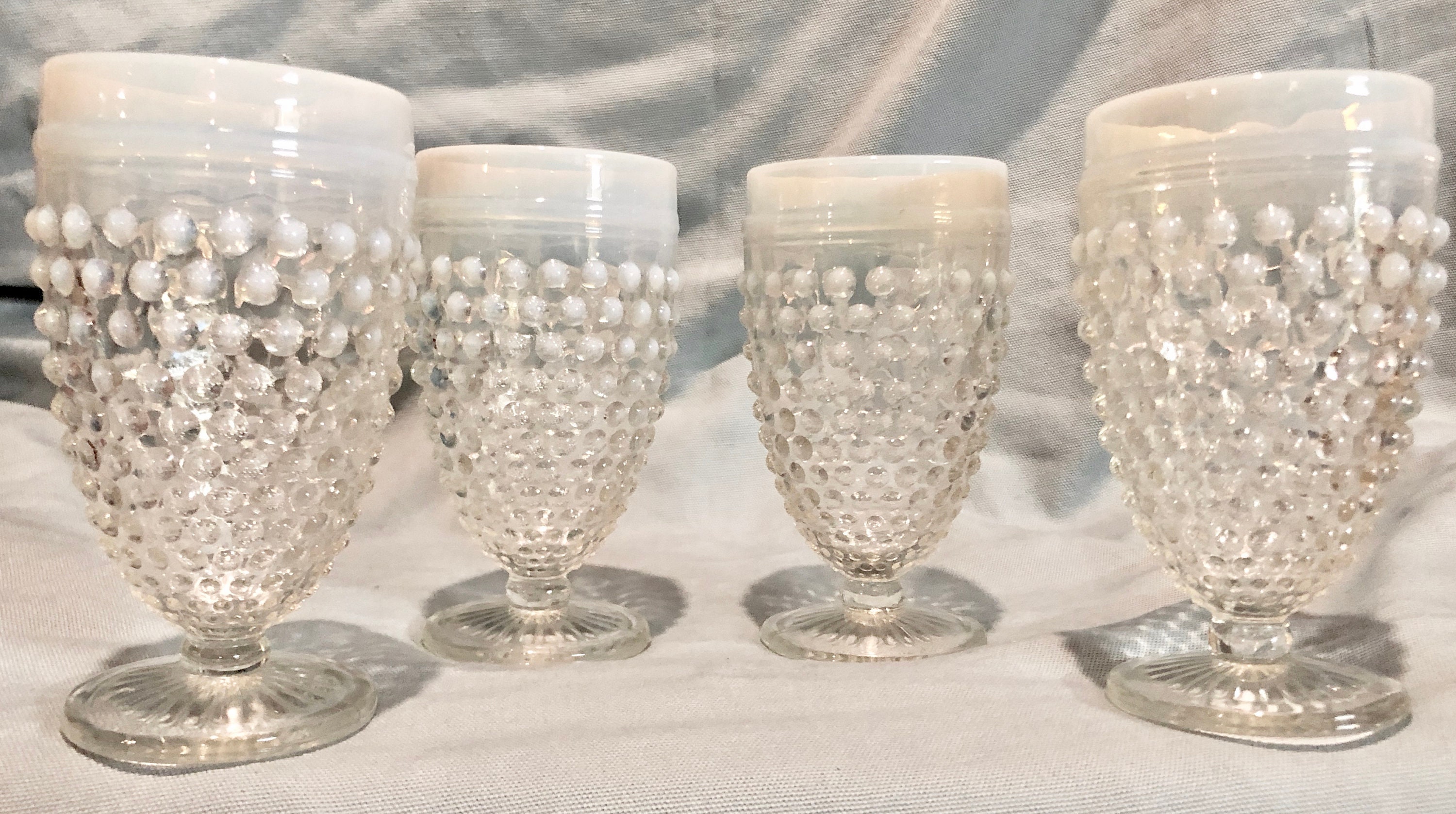 Vintage Clear/White Hobnail 8 ounce Pedestal Drinking/Water Glasses