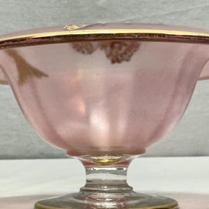 May include: A pink glass bowl with a flared rim and a pedestal base. The rim and base are trimmed with gold. The bowl has a delicate, vintage aesthetic, suitable for serving desserts or displaying small items.