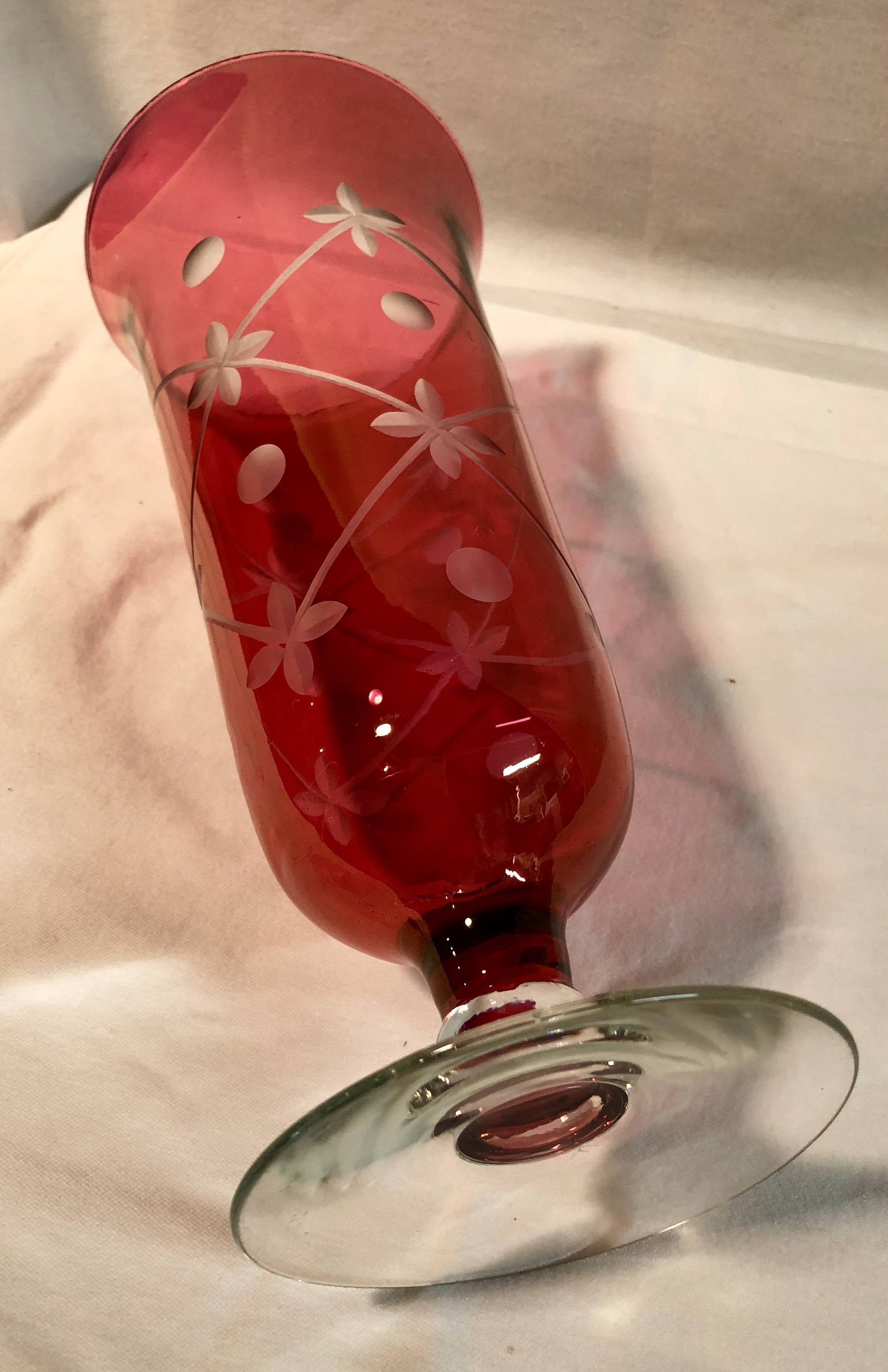 Antique Cranberry Etched Glass Vase