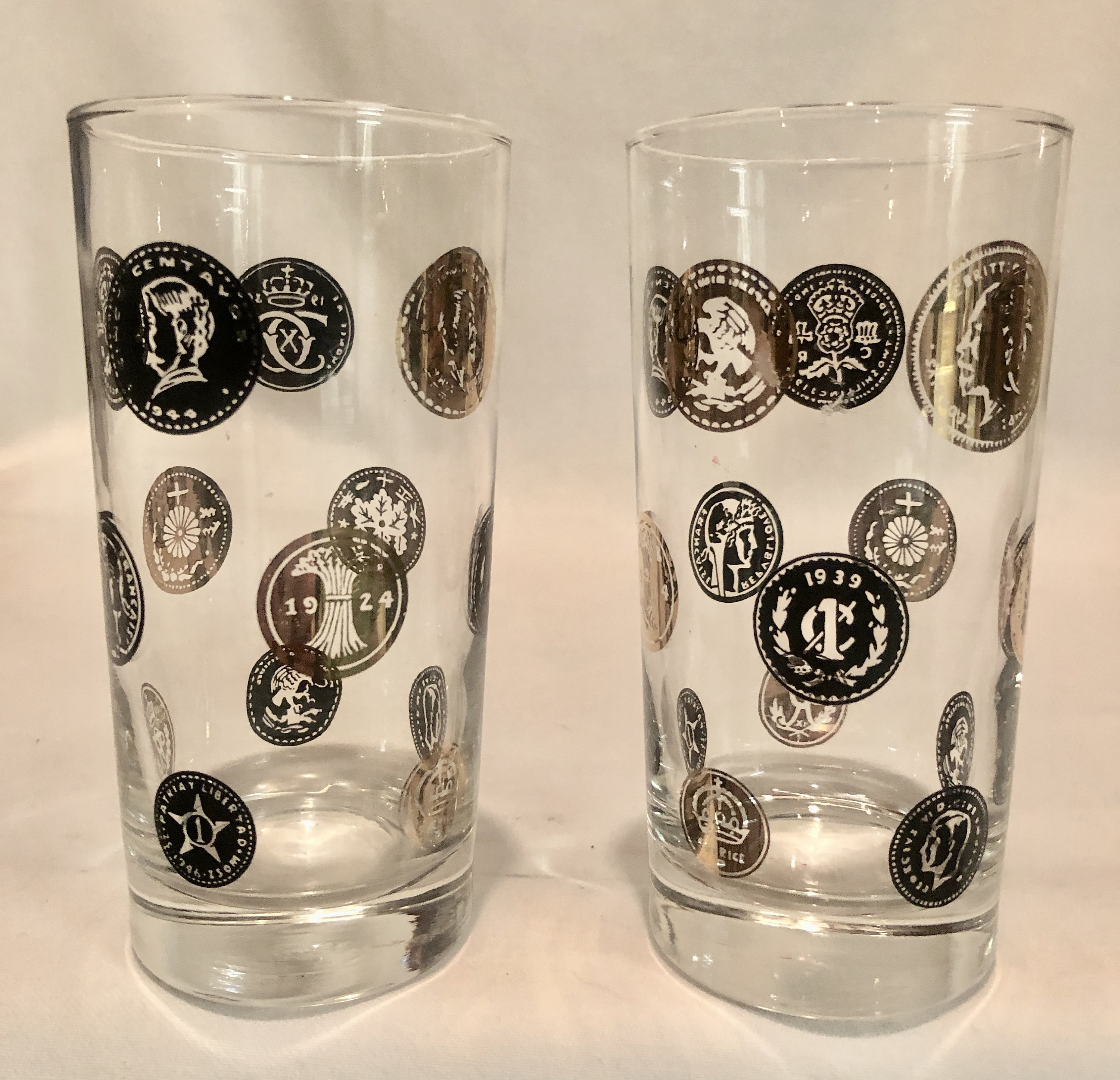 Vintage MidCentury Black & Gold Coin Libby Regency Highball Glasses -Set of  Two