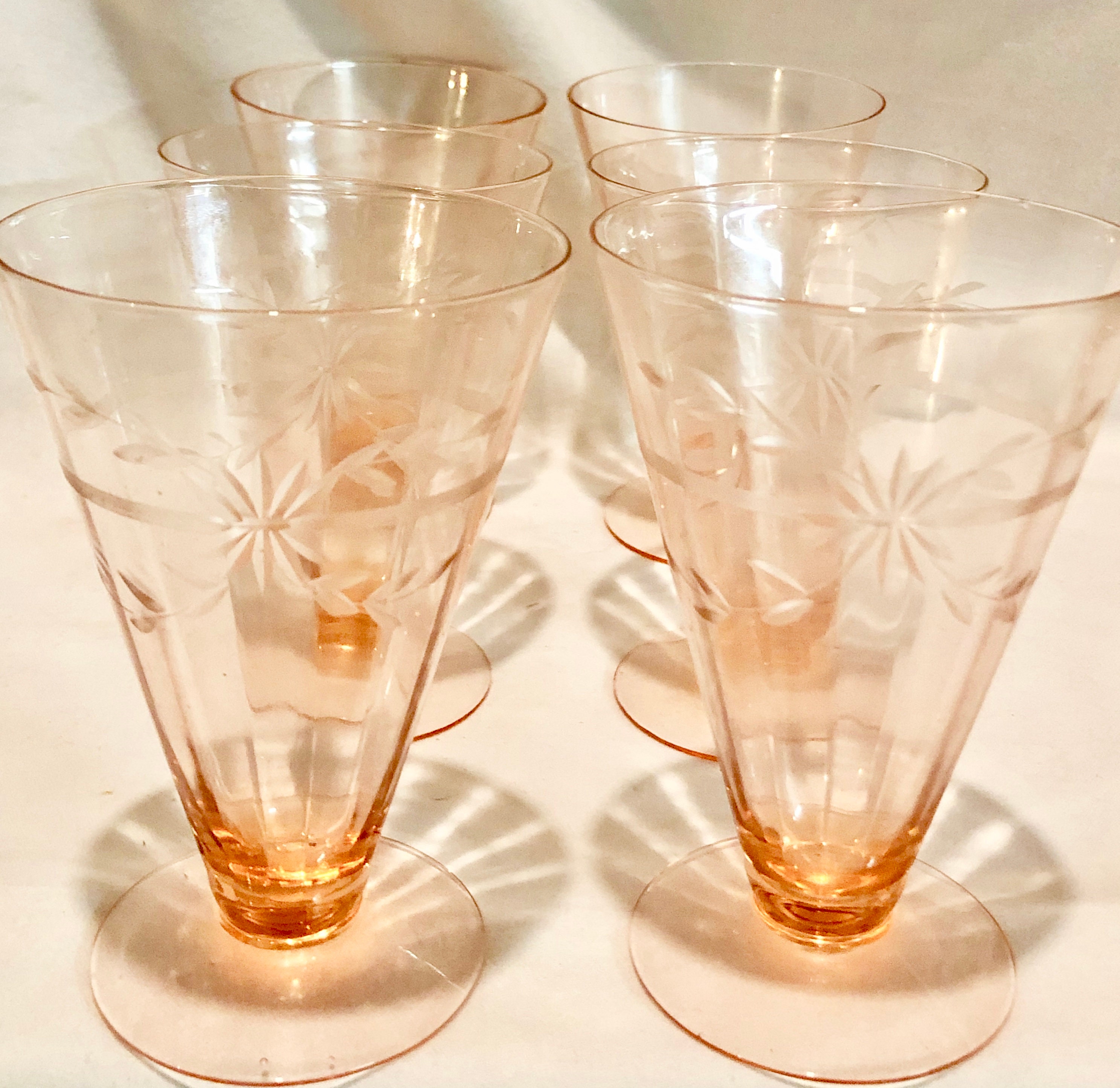 Vintage Blush Pink Depression Glass Etched Parfait Glasses Set Of Six