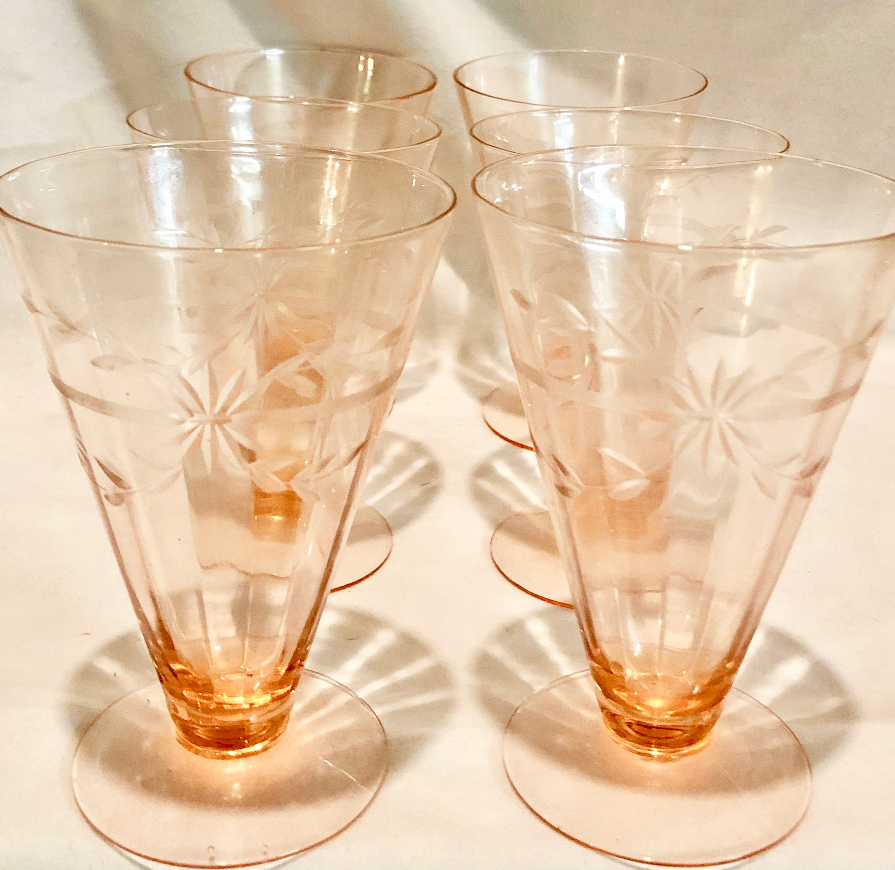Vintage Blush Pink Depression Glass Etched Parfait Glasses Set of Six