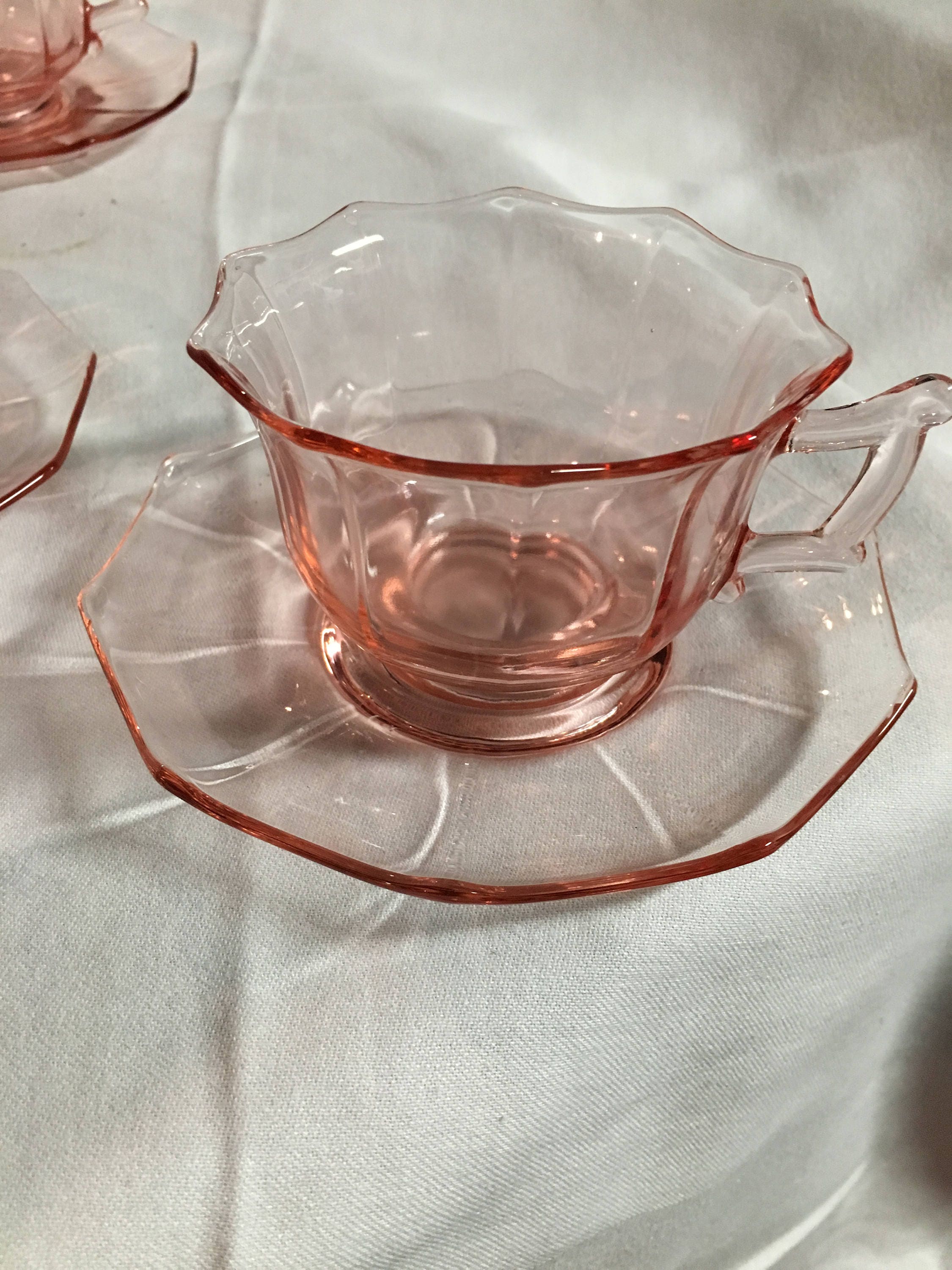 Vintage Delicate Pink Depression Glass Set of Six Tea Cups & Saucers