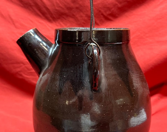 Antique Chocolate Brown Glazed Stoneware Batter Pitcher with Wooden Handle