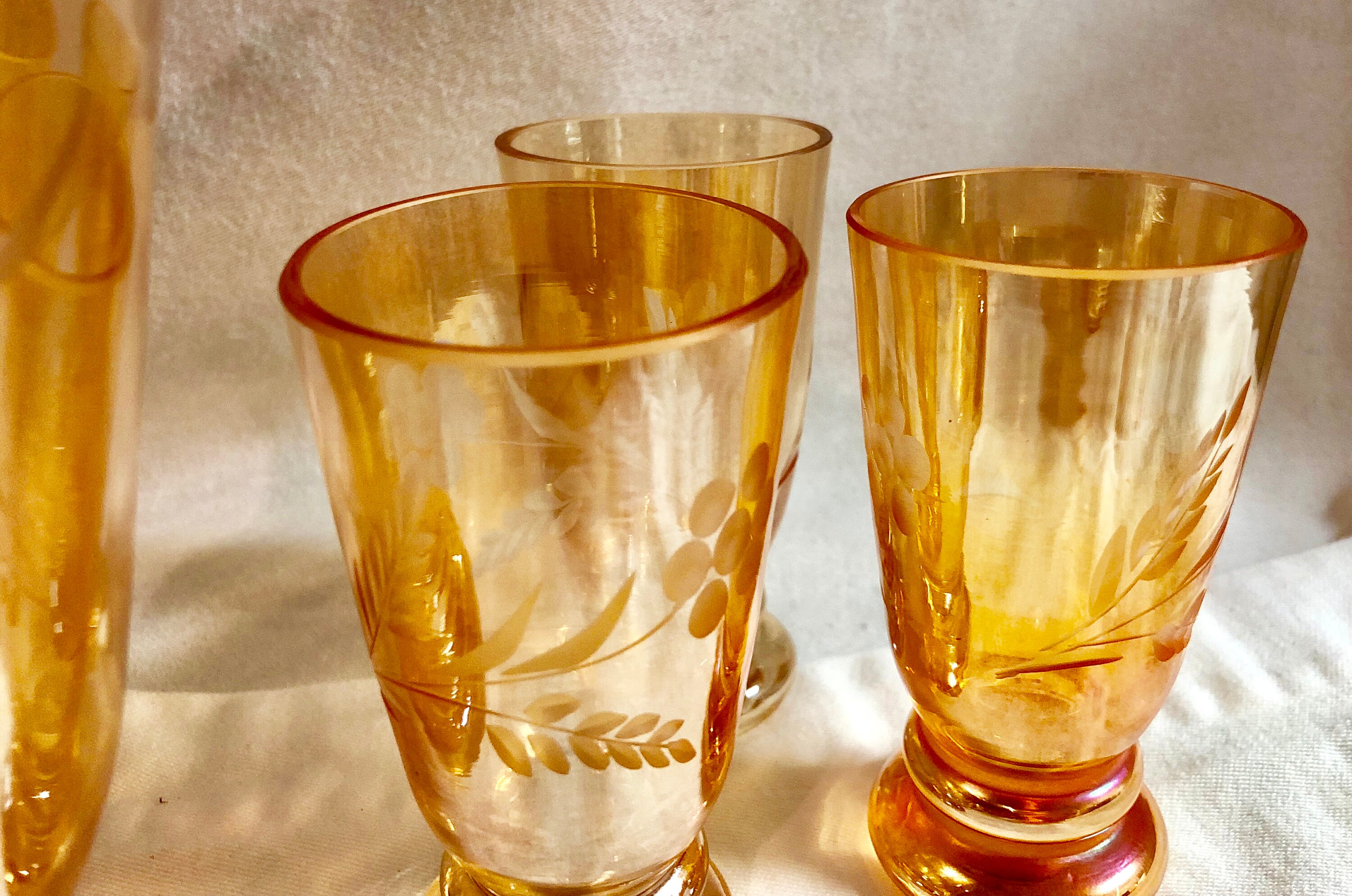 RESERVED for RICK Amber Gold Iridescent Carnival Glass Decanter and Set