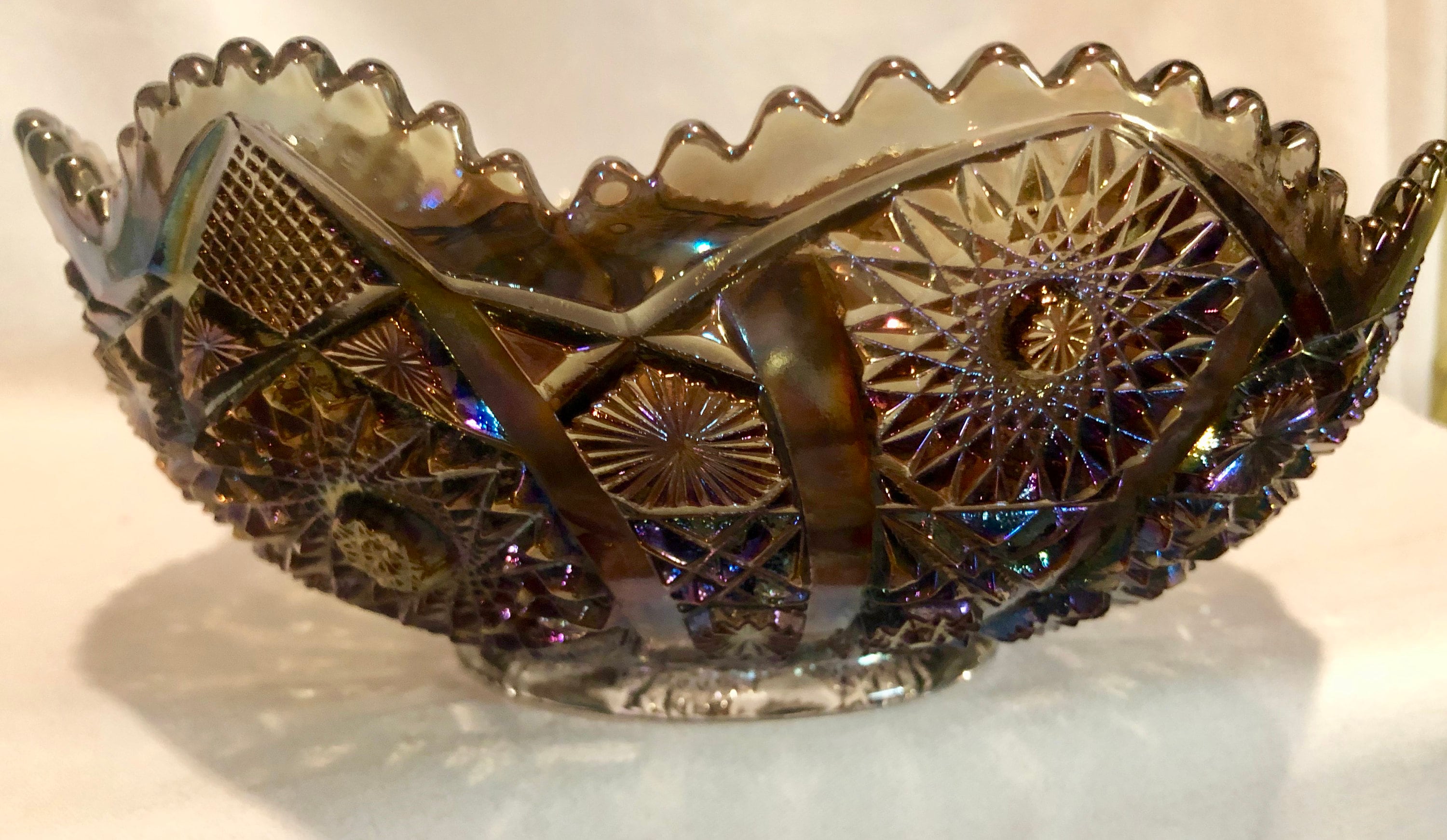 Vintage Imperial Glass Hobstar Smoky Amethyst Carnival Glass Bowl