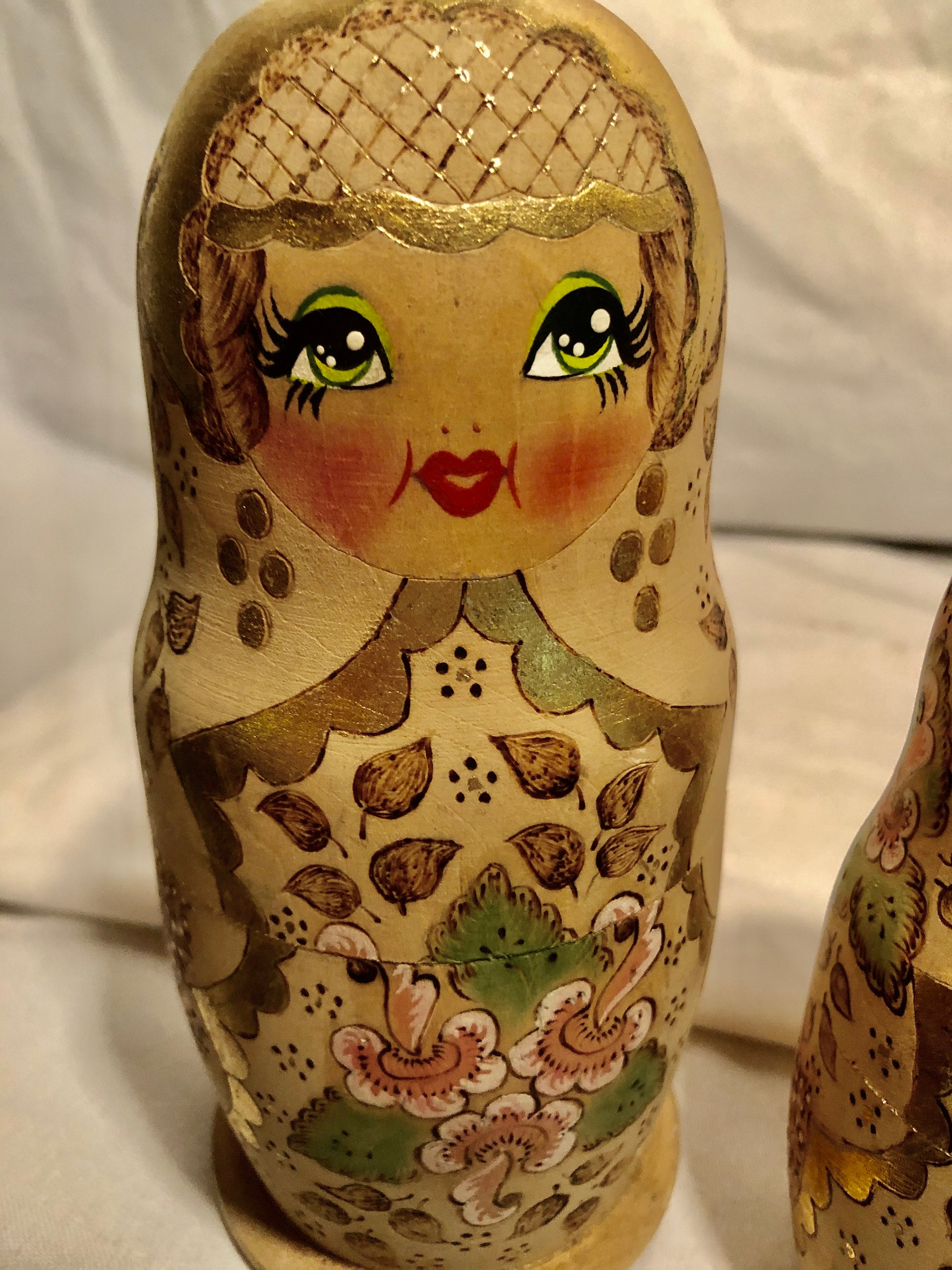 Vintage Wooden Russian Nesting Dolls Hand Painted/Gold Foiled/Wood Burned Five piece set