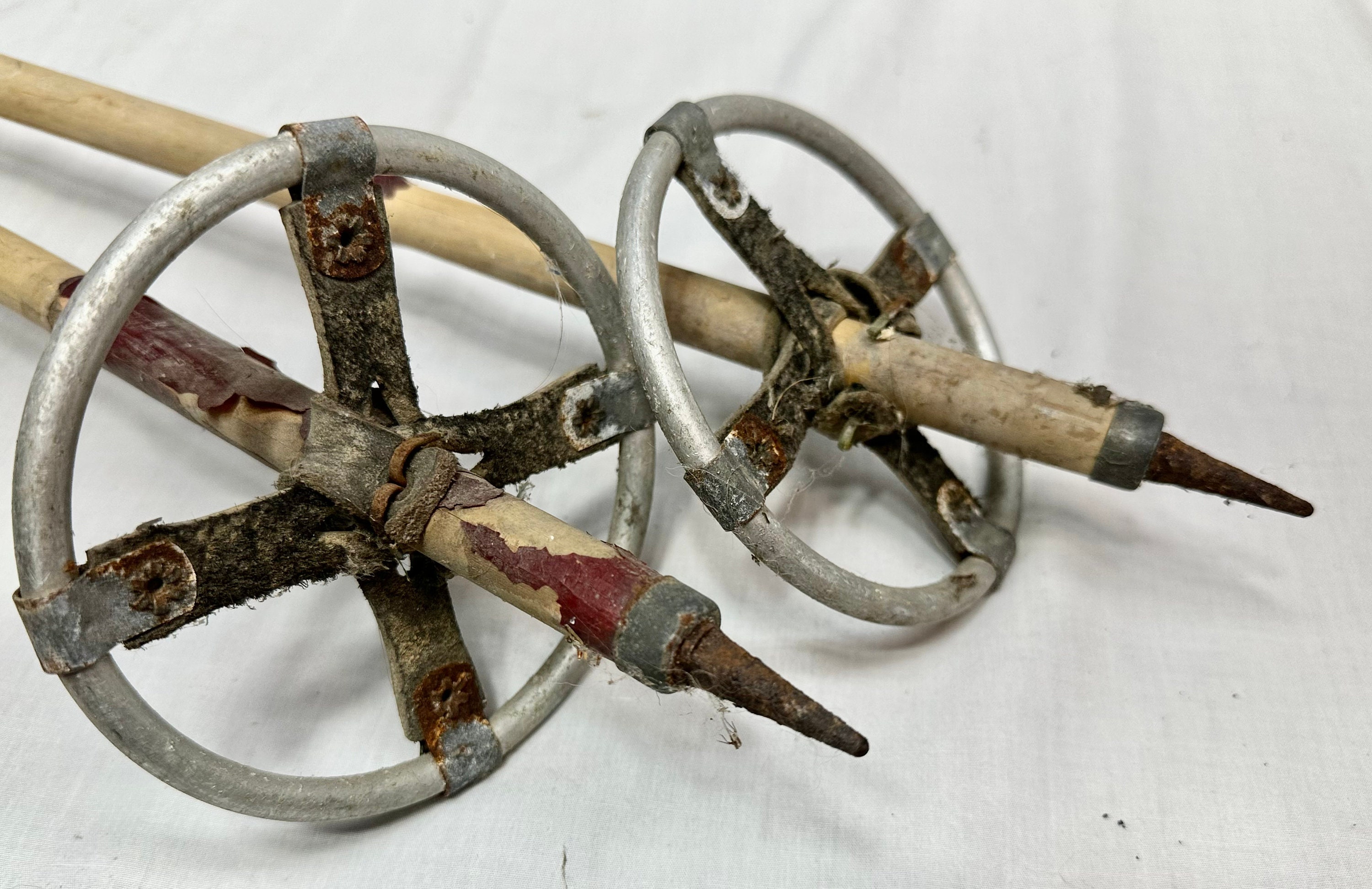 Vintage Antique Snowshoe/Ski Bamboo Poles with Aluminum Leather Rattan Basket Grip