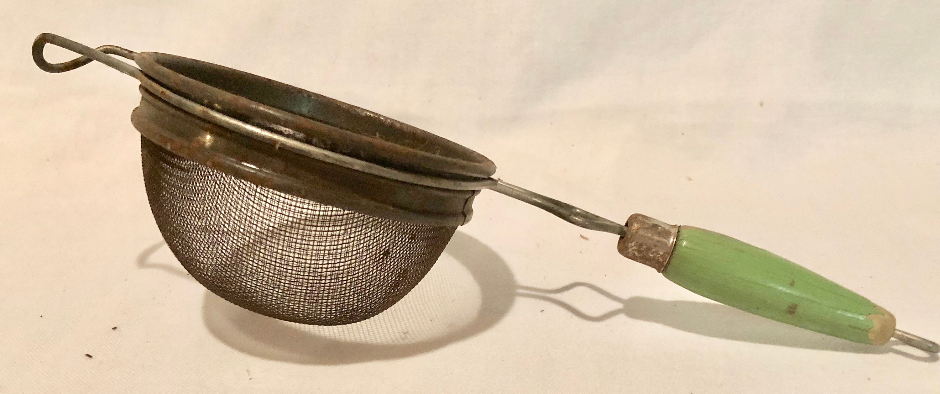 Vintage Midcentury Hand Held Kitchen Strainer with Original Green