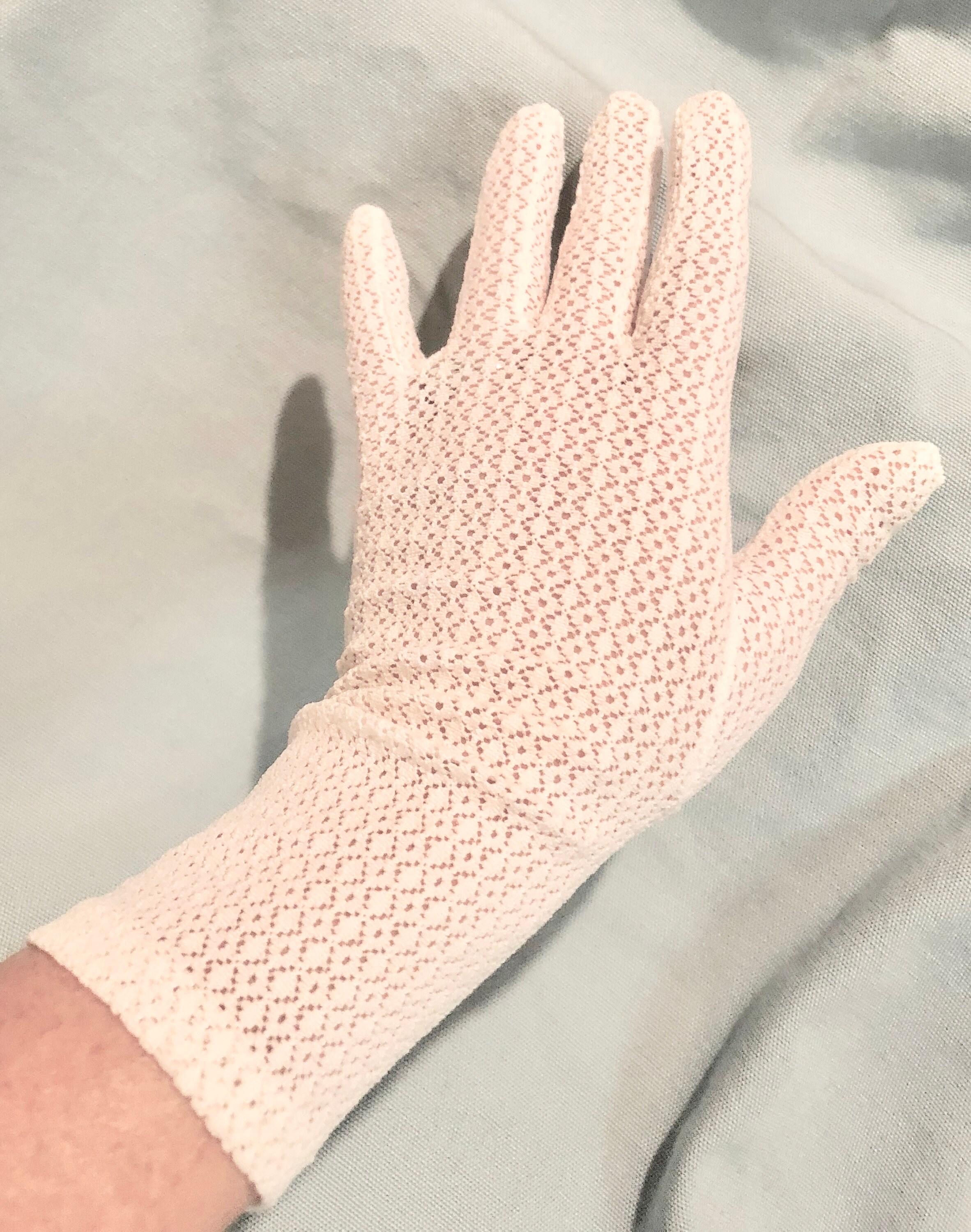 Pair of Vintage Ladies Classic MidLength White Gloves with Knit Pattern.