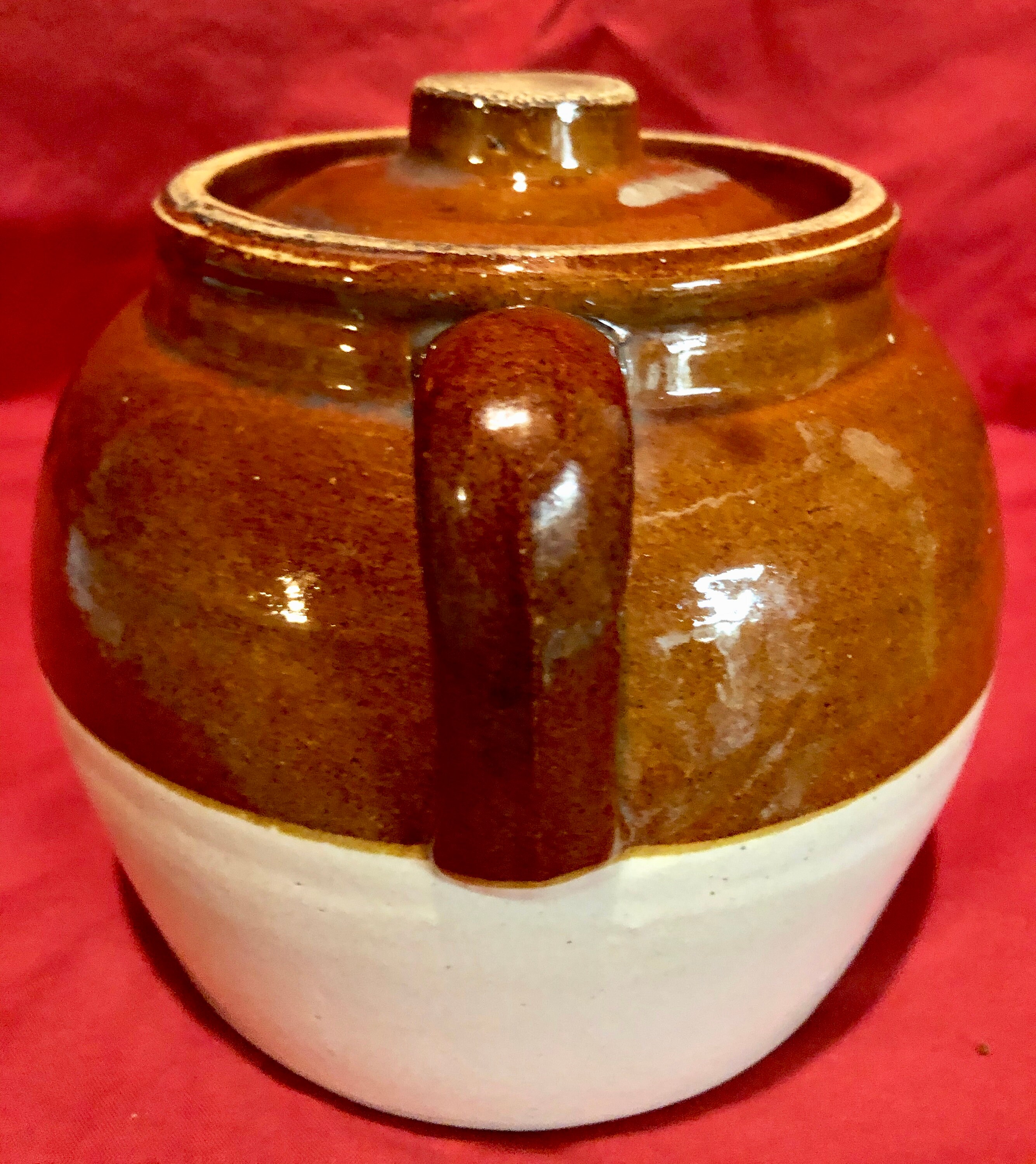 Vintage Blue Crown 2 Brown and Beige Stoneware Bean Pot with Handle