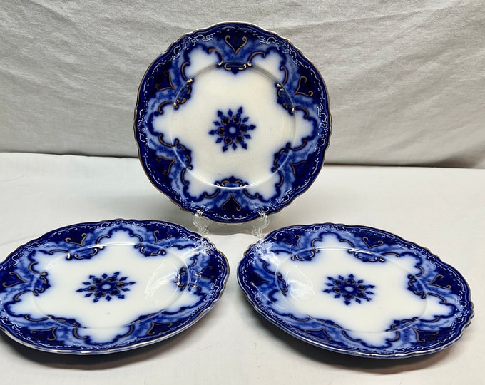 Antique Royal Flow Blue/White Semi Porcelain Dinner Plates/Chargers, Alfred Meakin,England -Set of Three