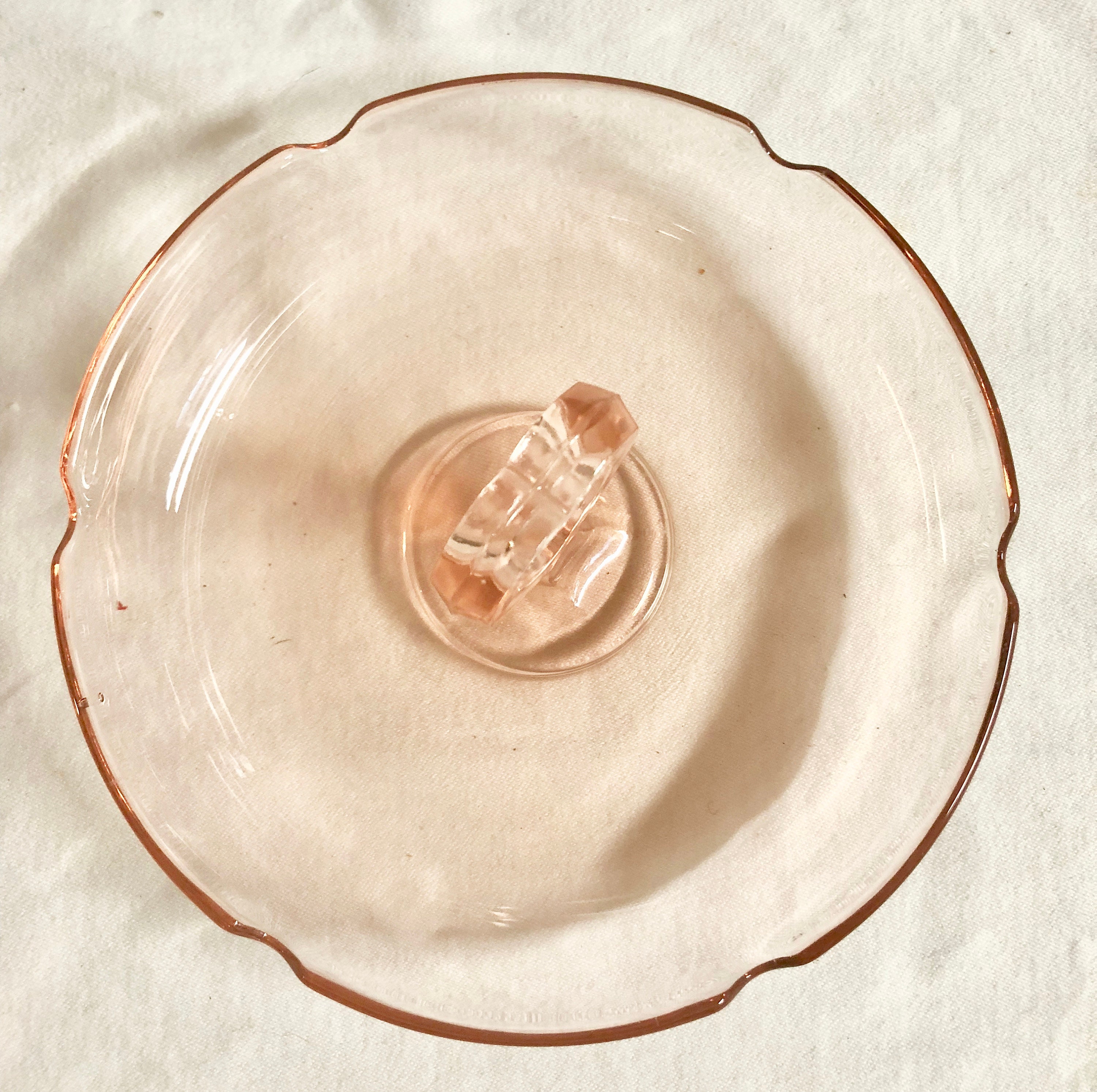 Antique Blush Pink Depression Glass Ashtray with Heart Shaped Handle