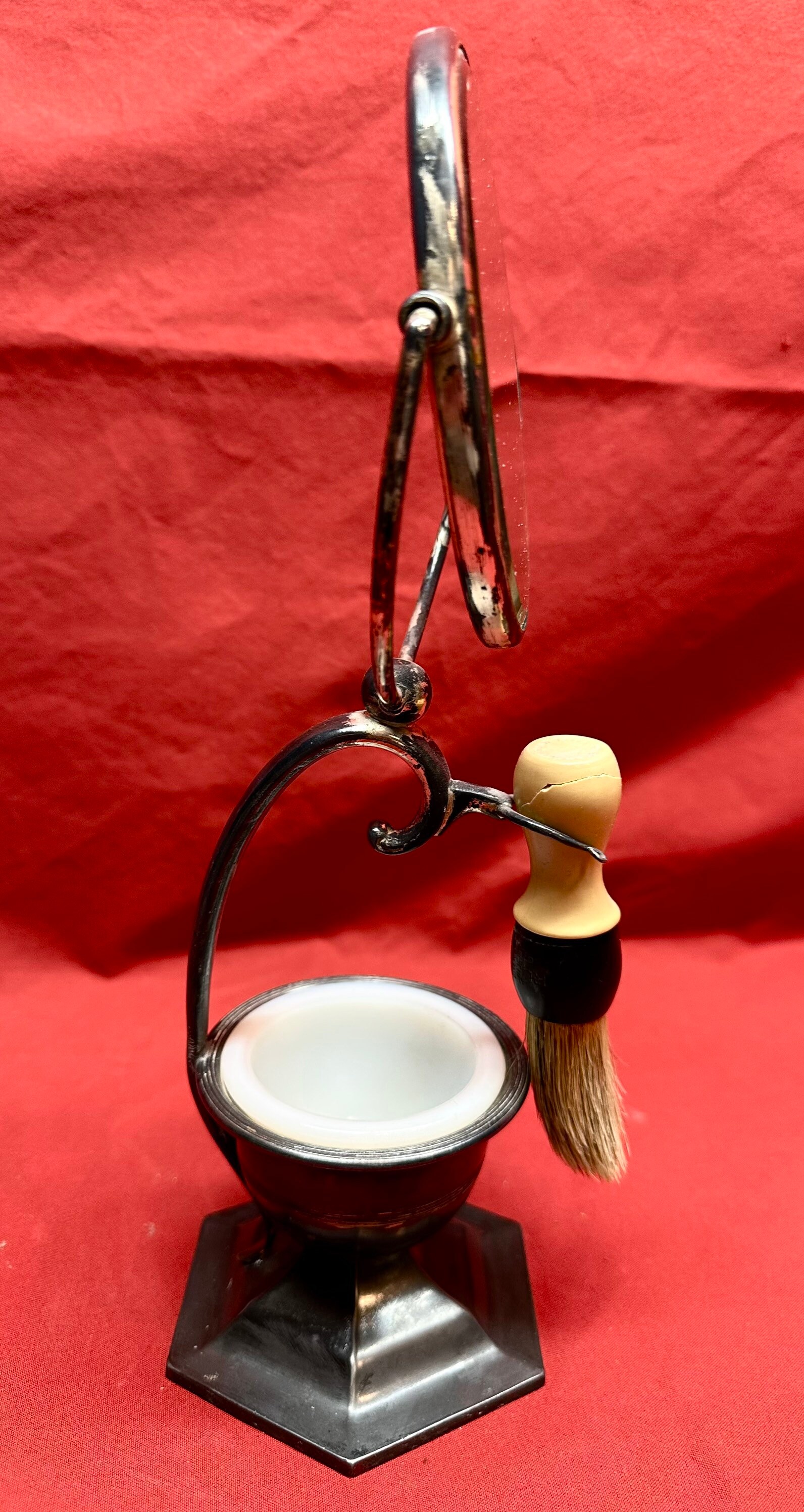 Vintage Silver Plate Men’s Shaving Mirror Set/Swivel Mirror/Brush/White Milk Glass Cup,Wm