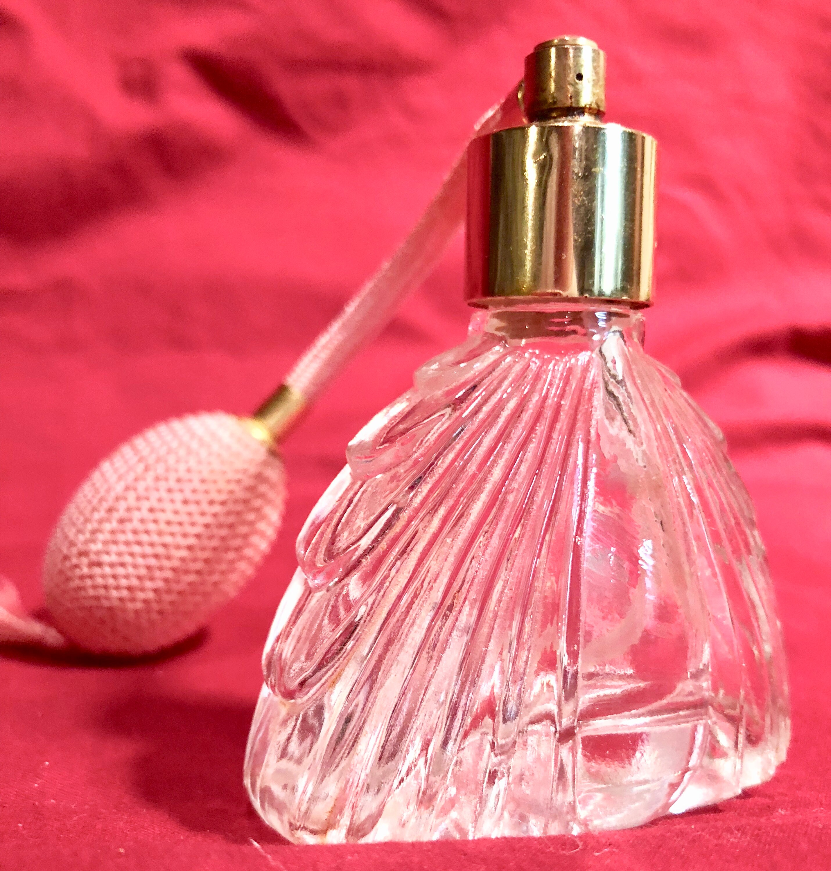 Download Vintage Clear Cut Glass Perfume Bottle with Pink Silk Atomizer