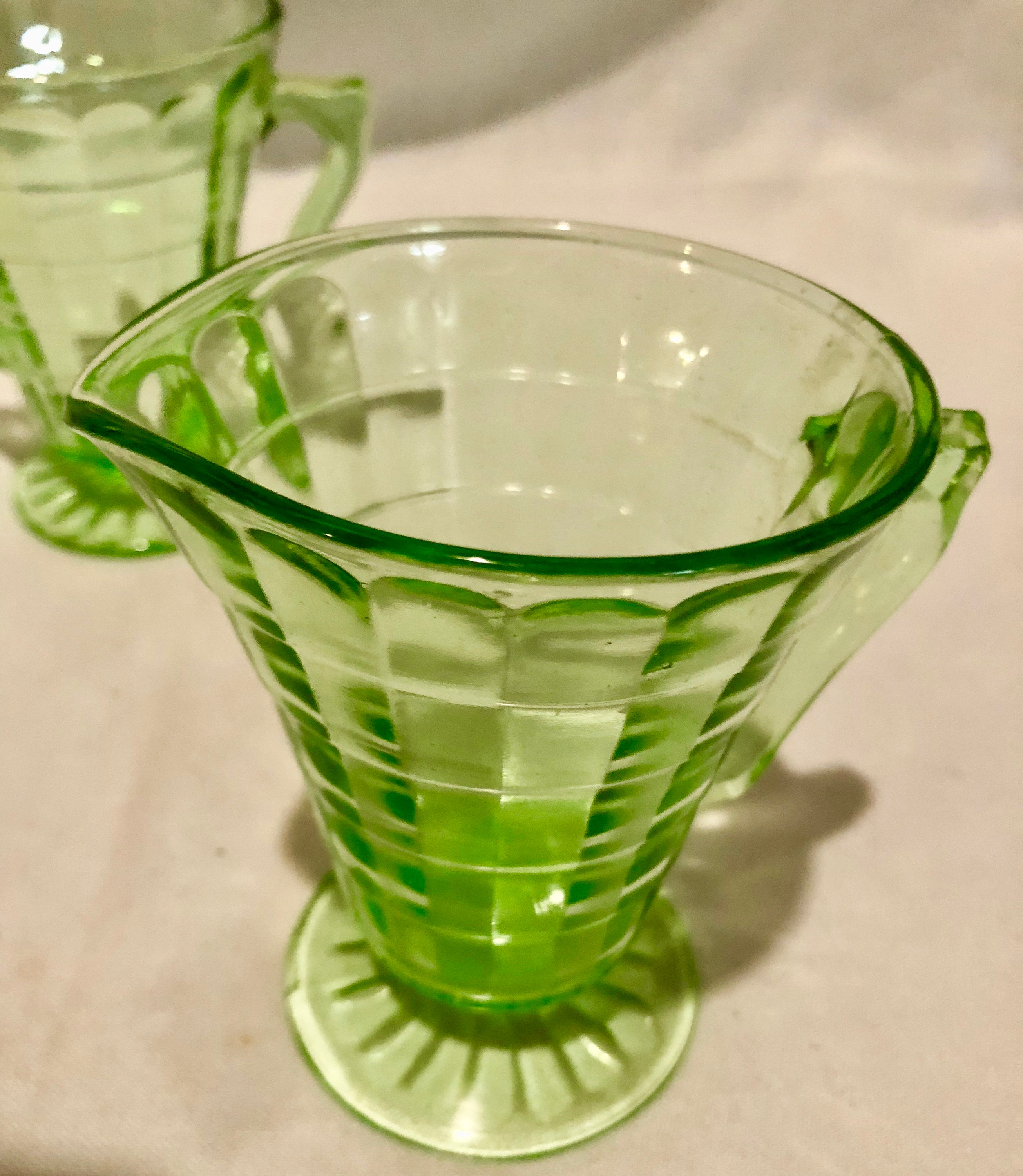 Green Depression Glass Sugar and Creamer Set with Ribbed Pattern