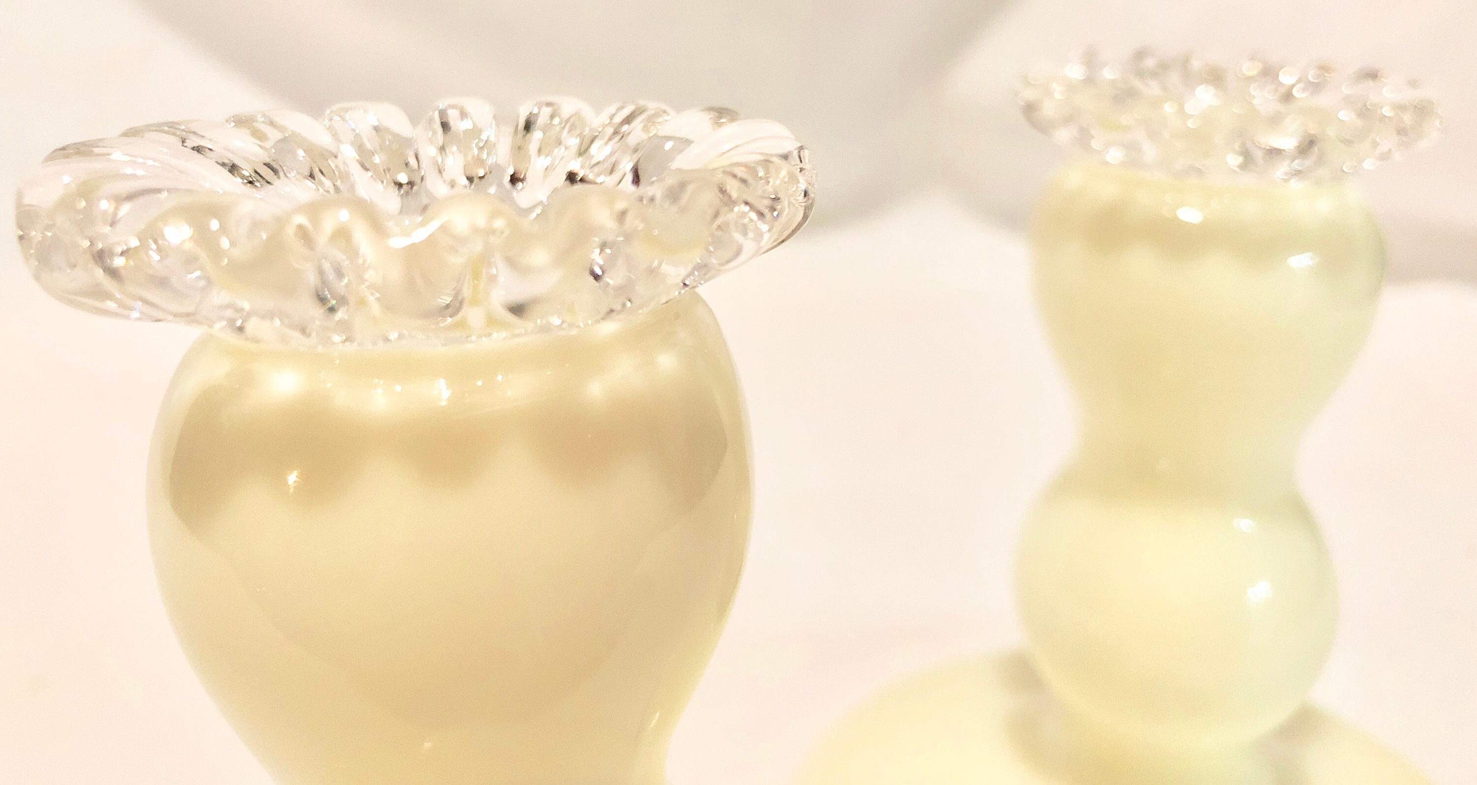 Vintage Butter Yellow Glass Candlesticks with Clear Glass Ruffled Edge