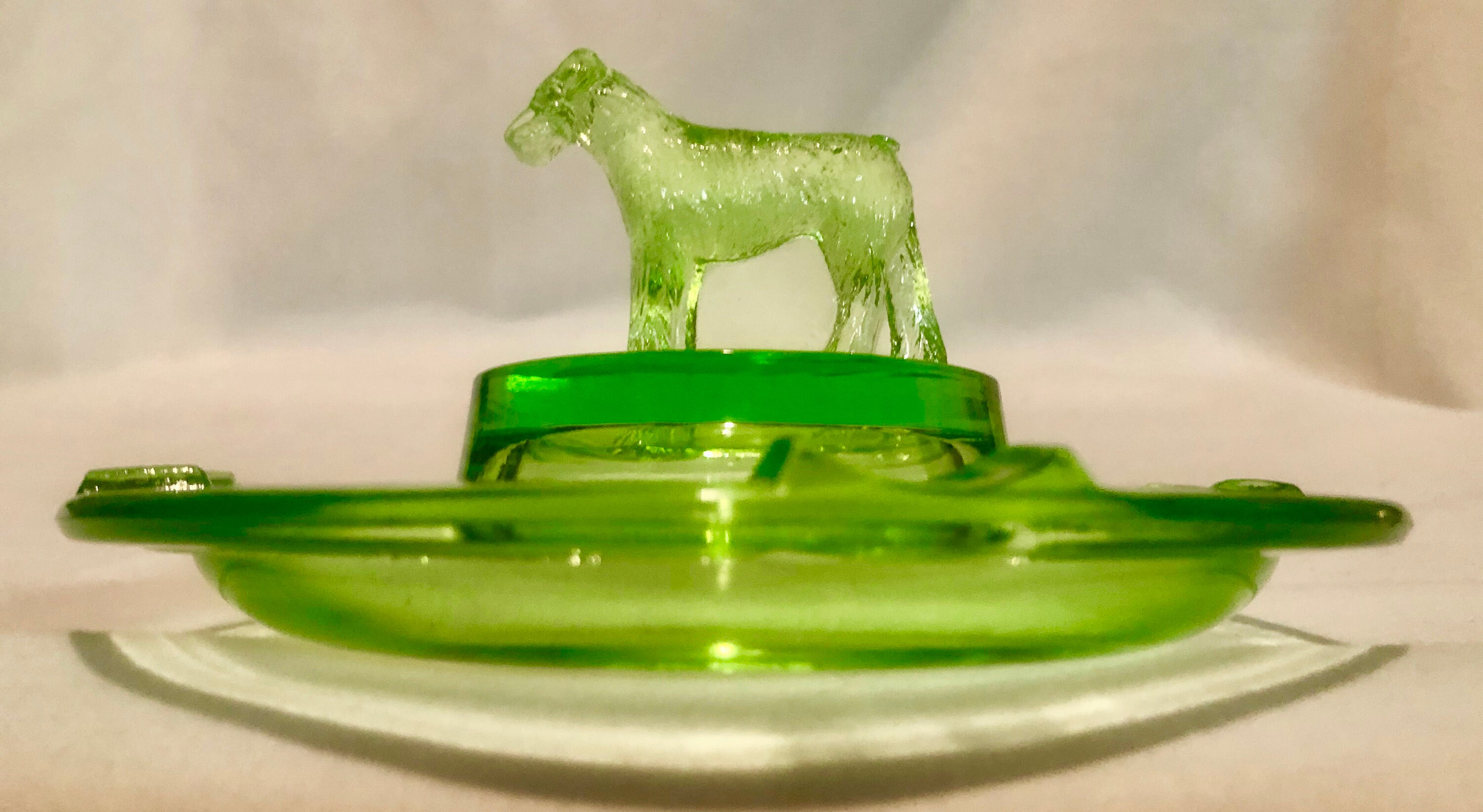 Vintage Green Vaseline/Uranium Depression Glass Terrier/Scottie Dog Ashtray
