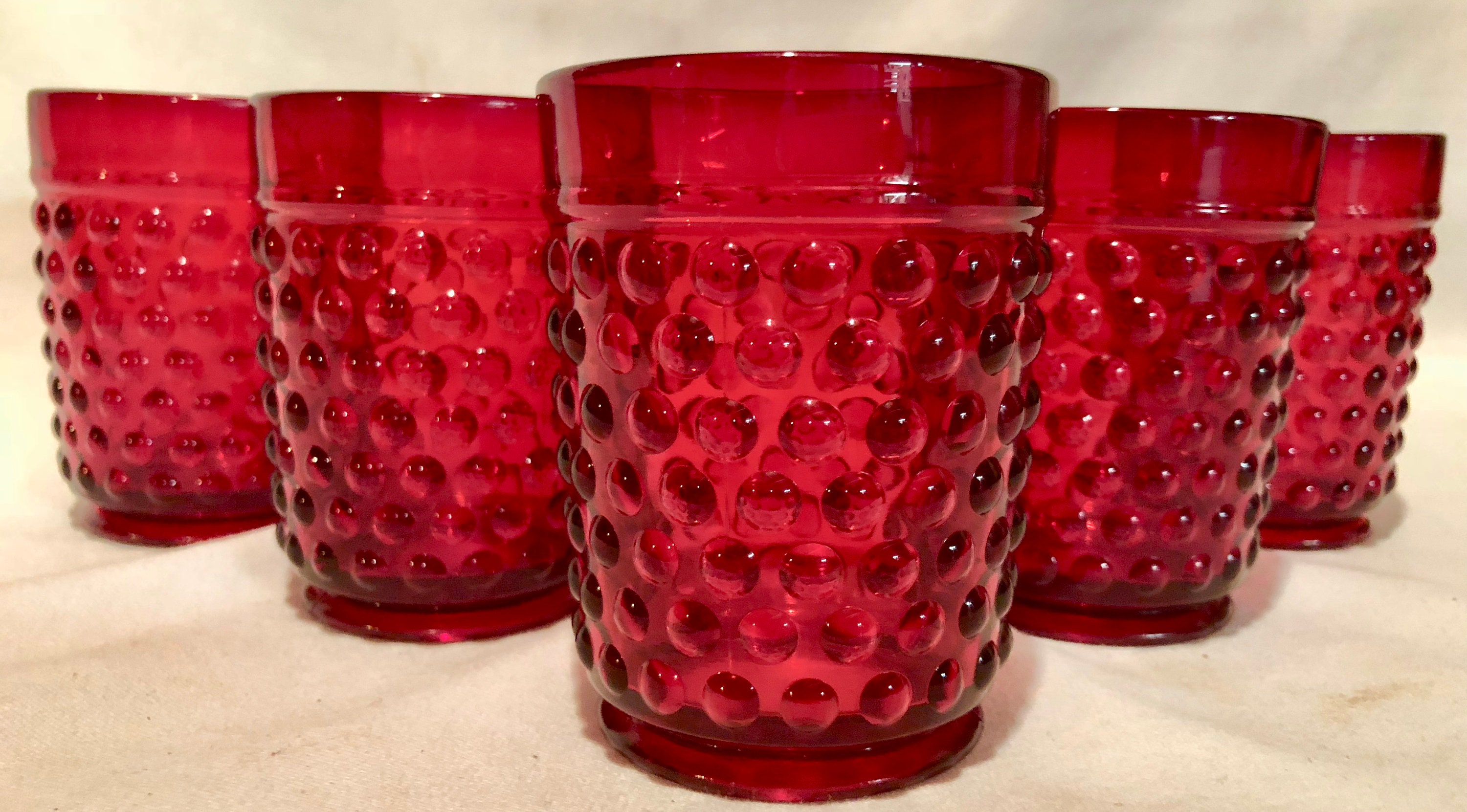 Antique Ruby Red Hobnail Depression Glass Juice Water Glass Set Of Five