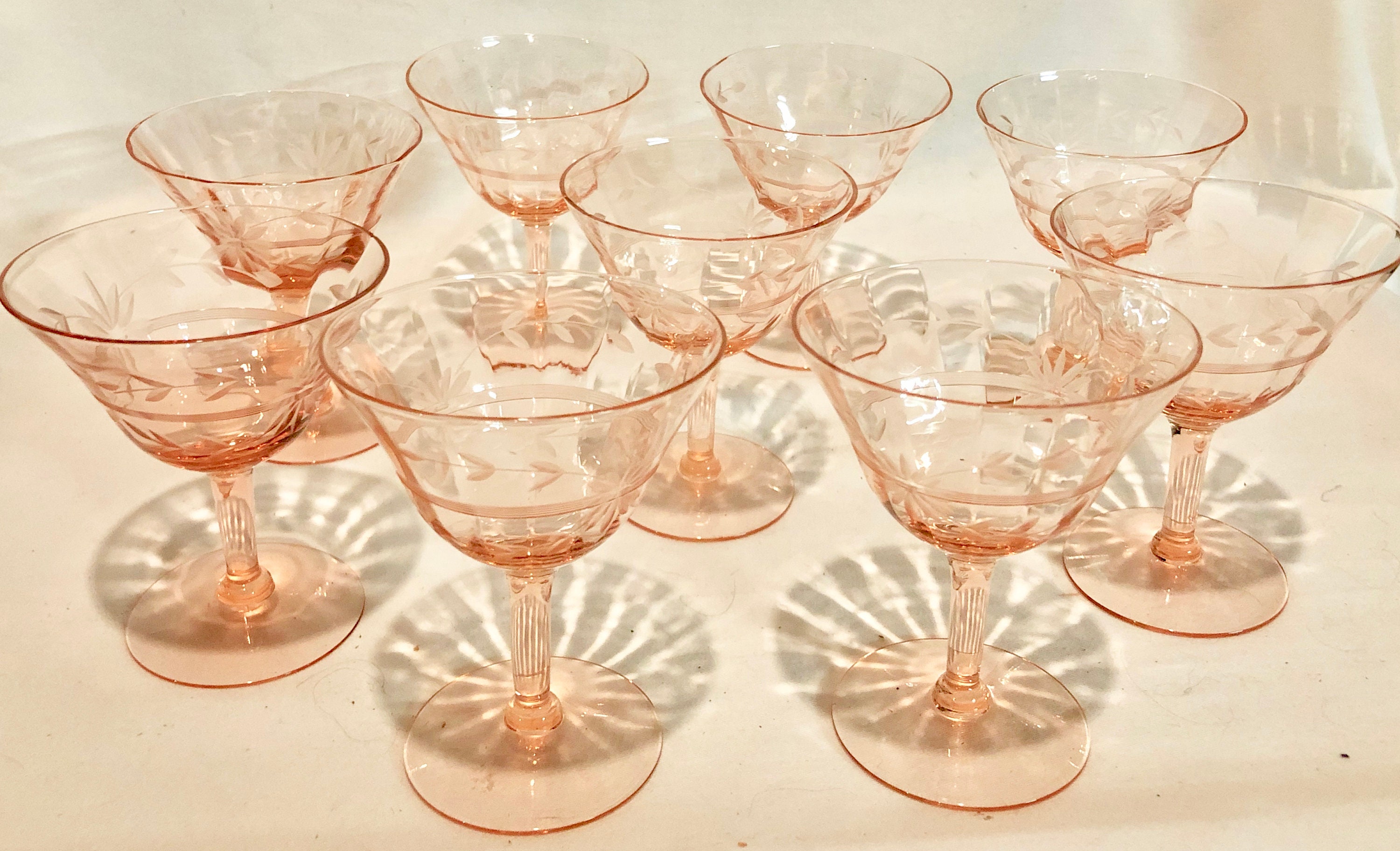 Pink Etched Floral Fluted Wine Glass, Set of 8