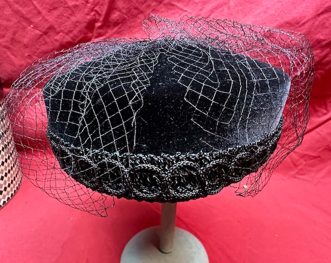 Vintage Ladies Espresso Brown Velvet Hat with Netting and Hat Box