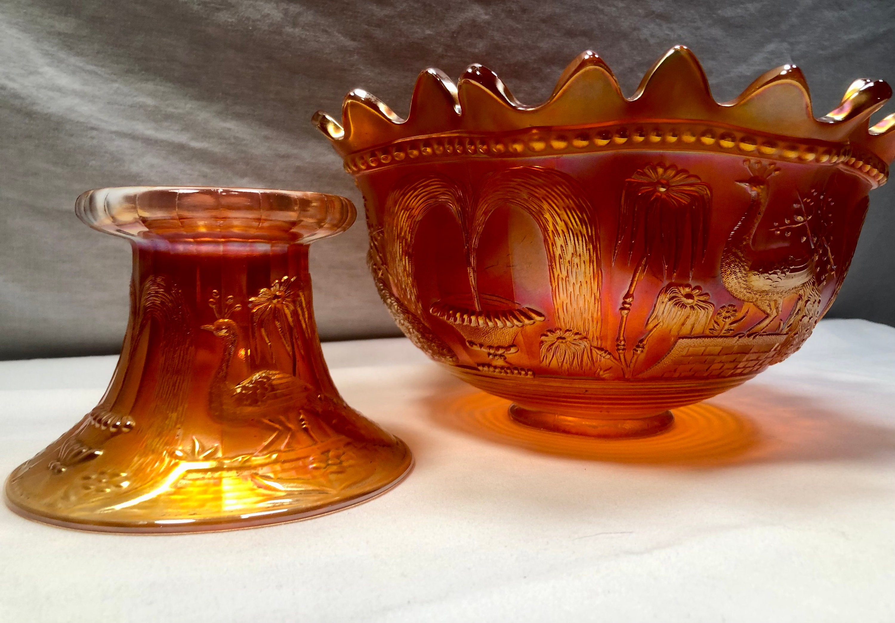 Vintage Northwood 'Peacocks and Fountains' Marigold/Amber Iridescent