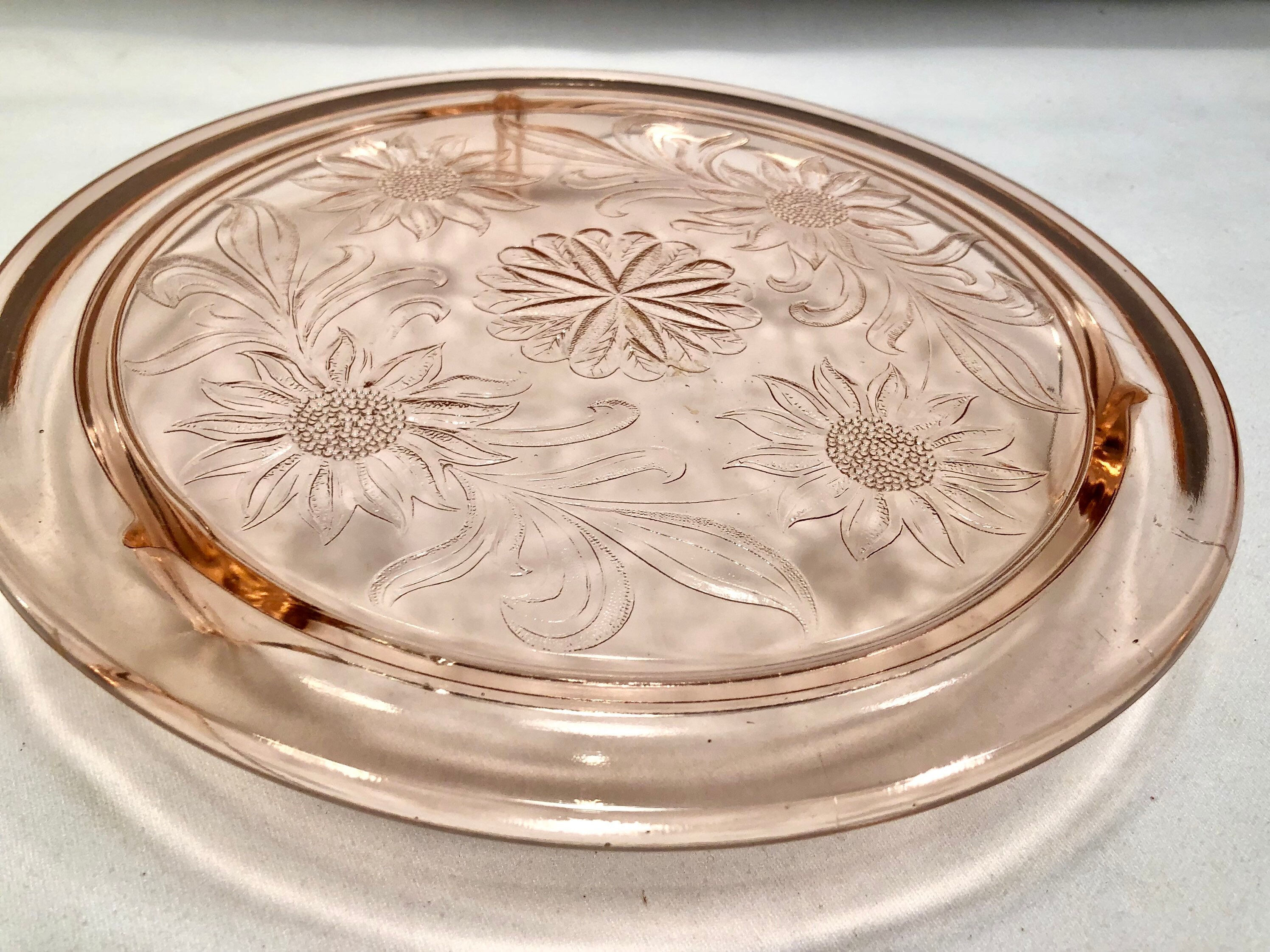 Vintage Blush Pink Depression Glass Sunflower Three Footed Cake/Dessert