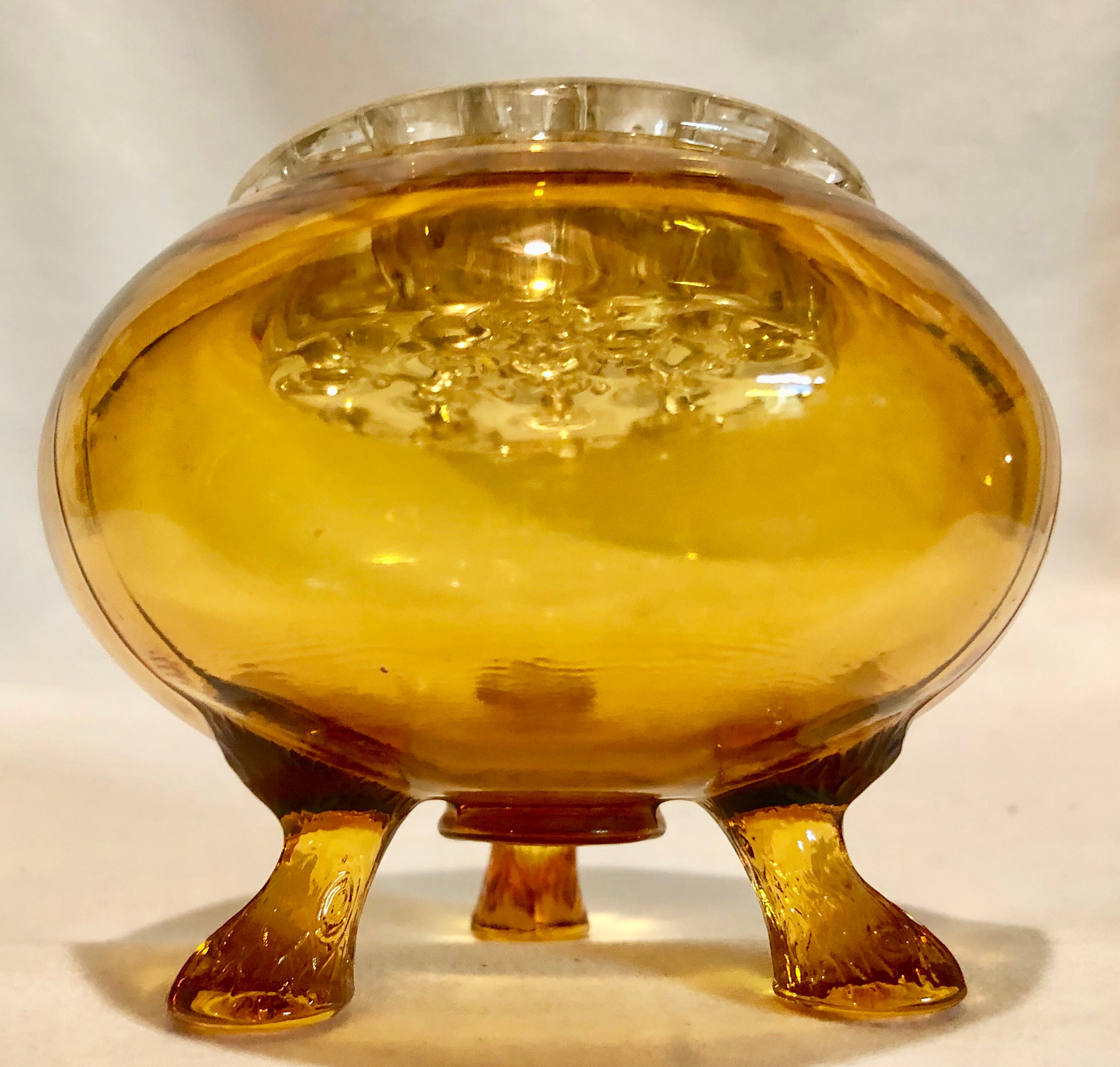 Vintage Amber Gold Three Footed Glass Flower Frog