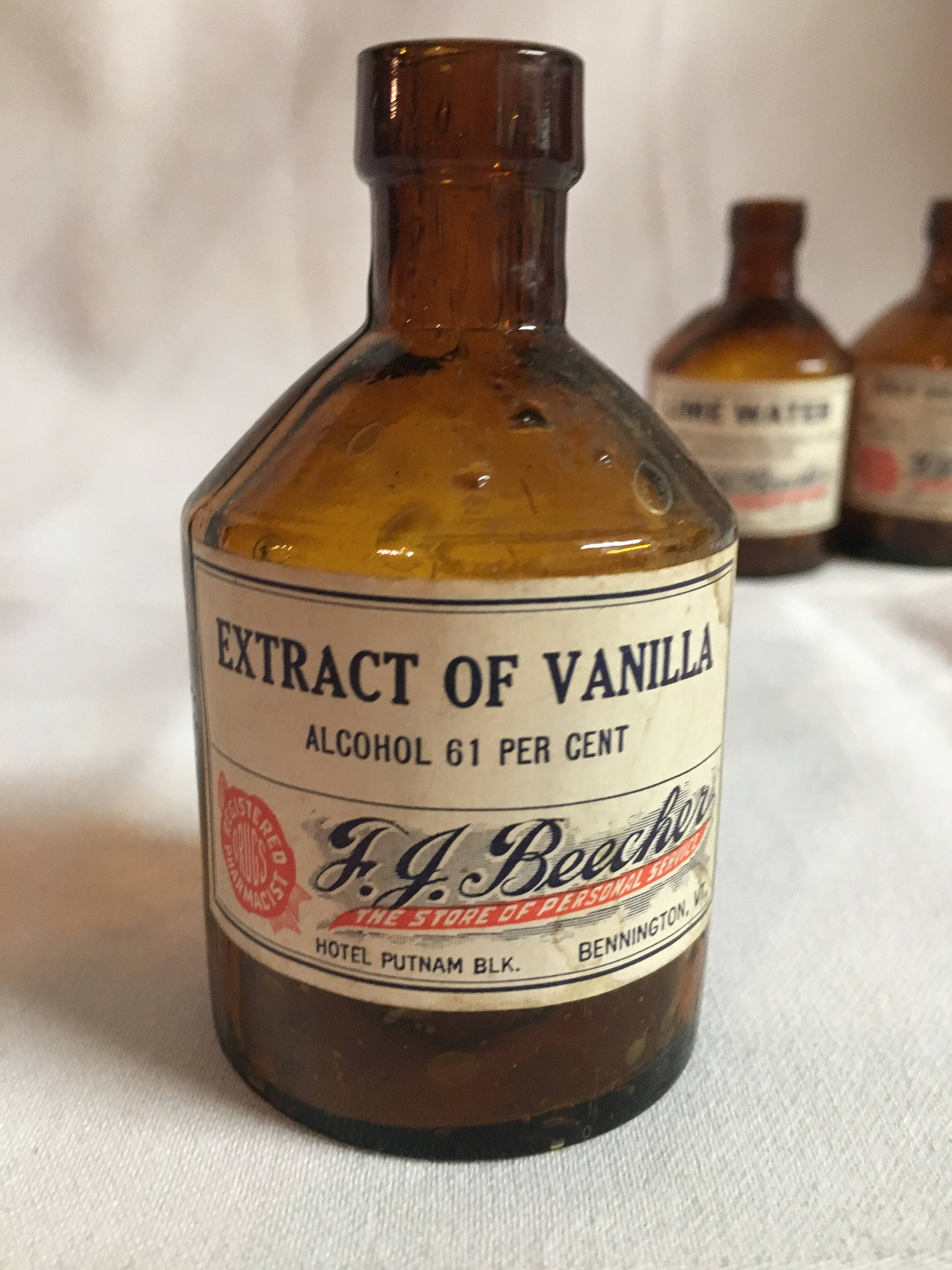 Download Three Beautiful Antique Amber Glass Medicine Bottles from F.J. Beecher Pharmacy Bennington, Vt