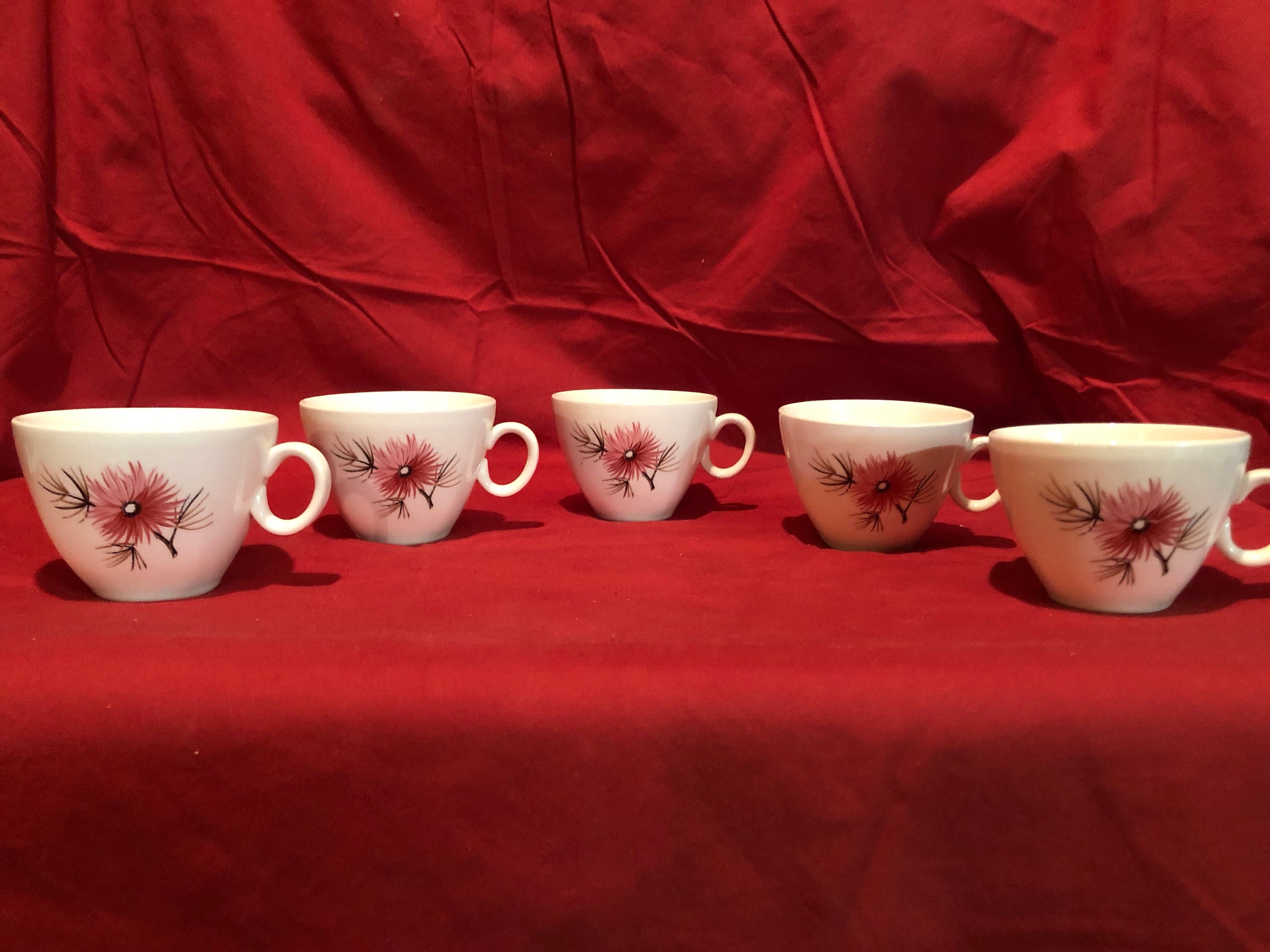 Edwin Knowles Midcentury Coral Pines Coffee/Tea Cups K4090 Set of Five