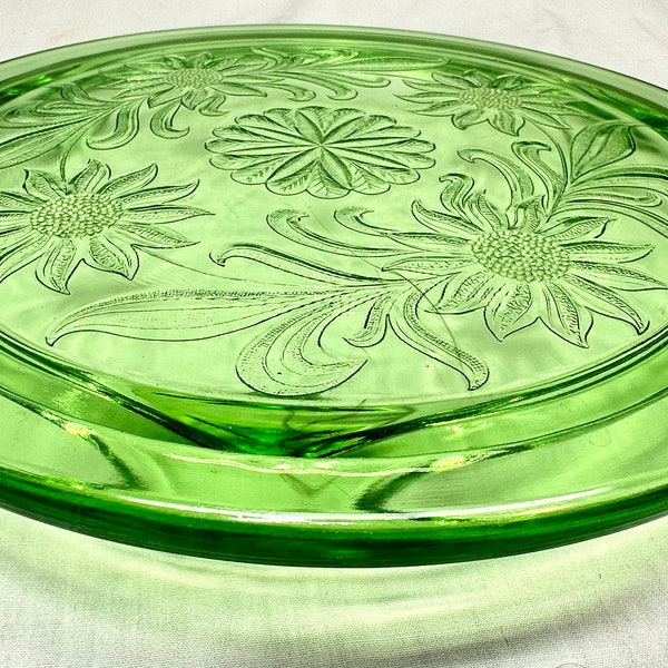 Vintage Green Depression Glass Sunflower 3 Footed Cake/Dessert Plate,Jeanette Glass Co, 1940’s