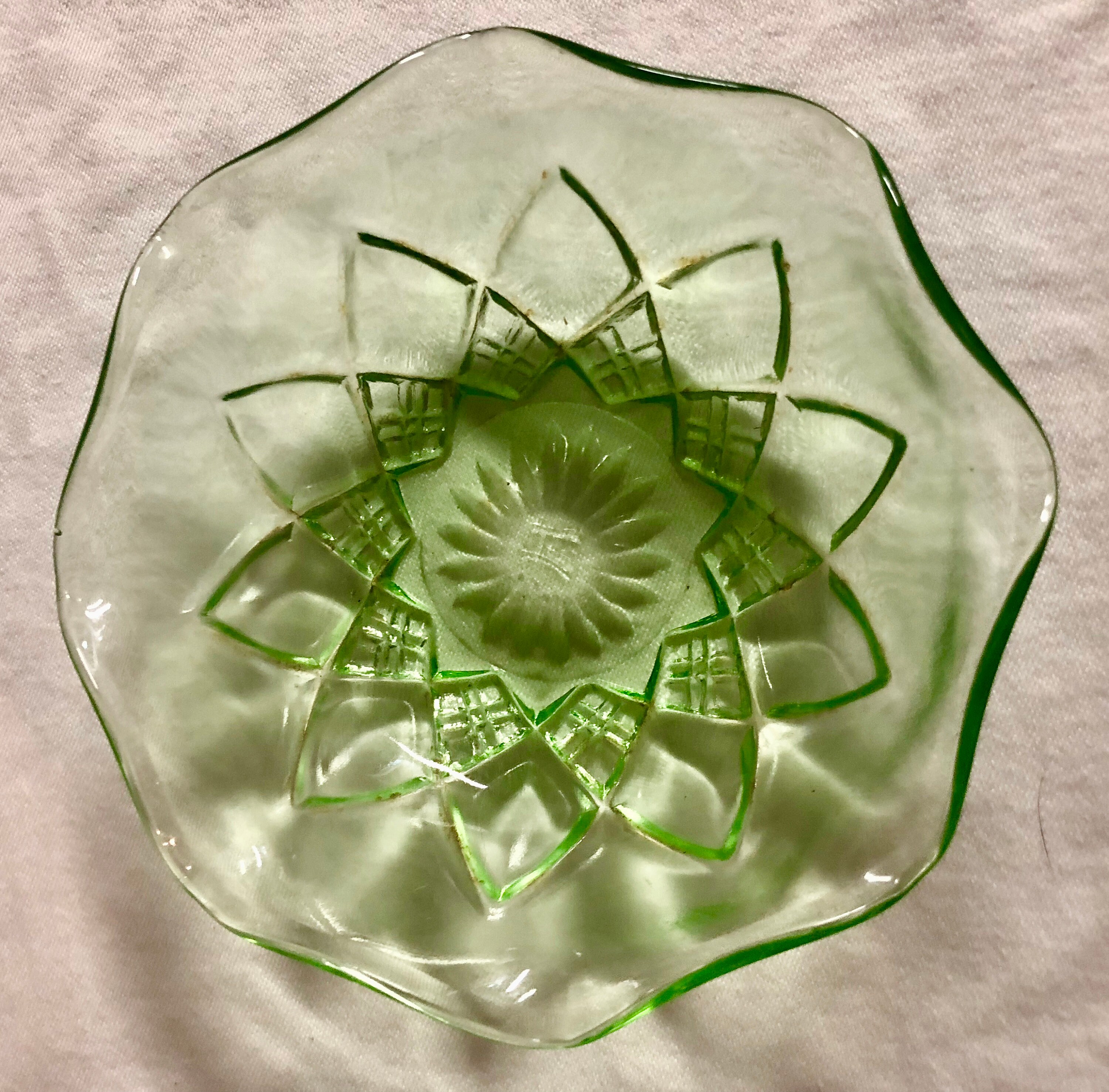 Antique Green Depression Glass Candy/Trinket Dish with Starburst