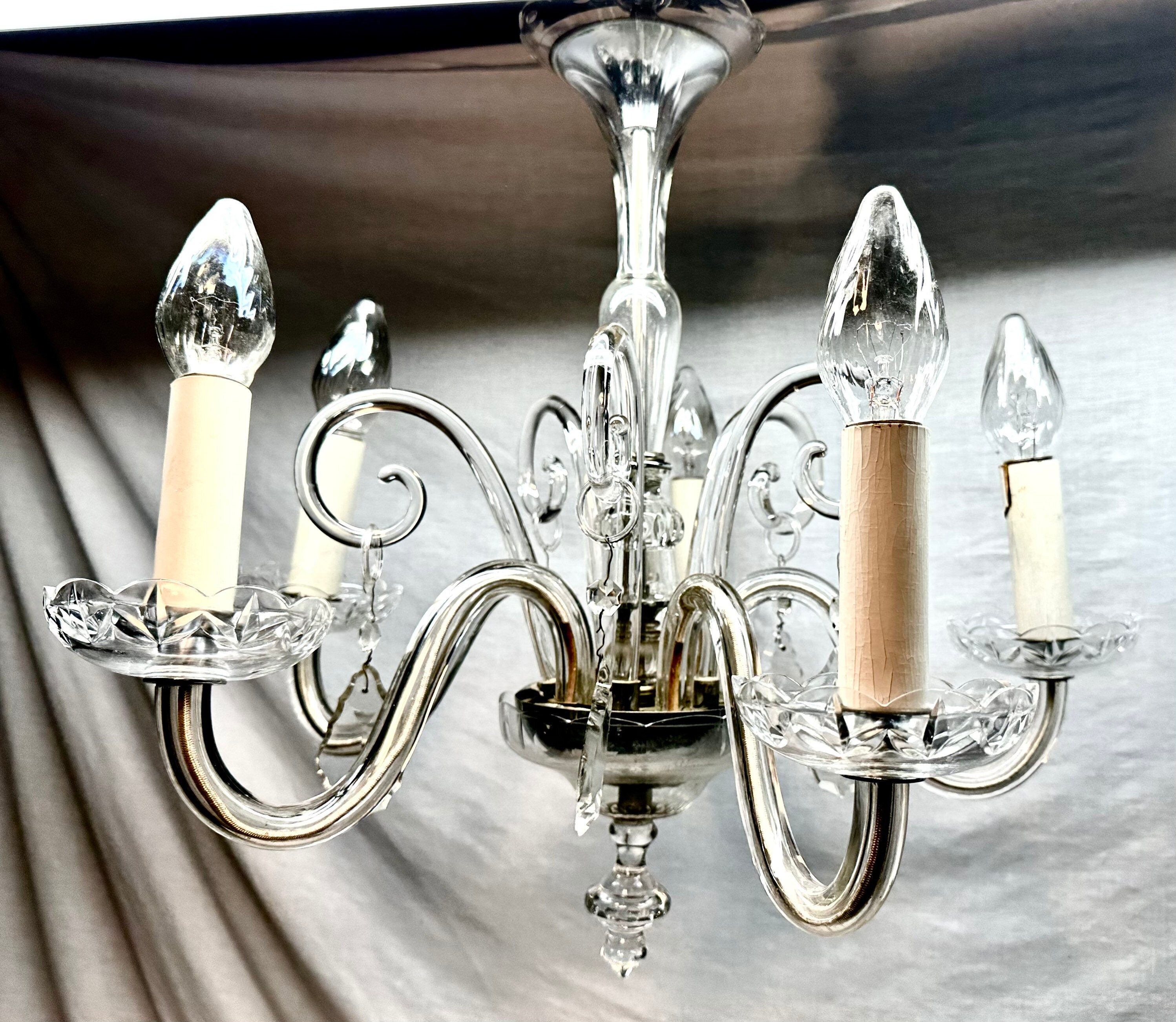 Vintage Clear Glass Five Arm Candle Chandelier/Ceiling Light with