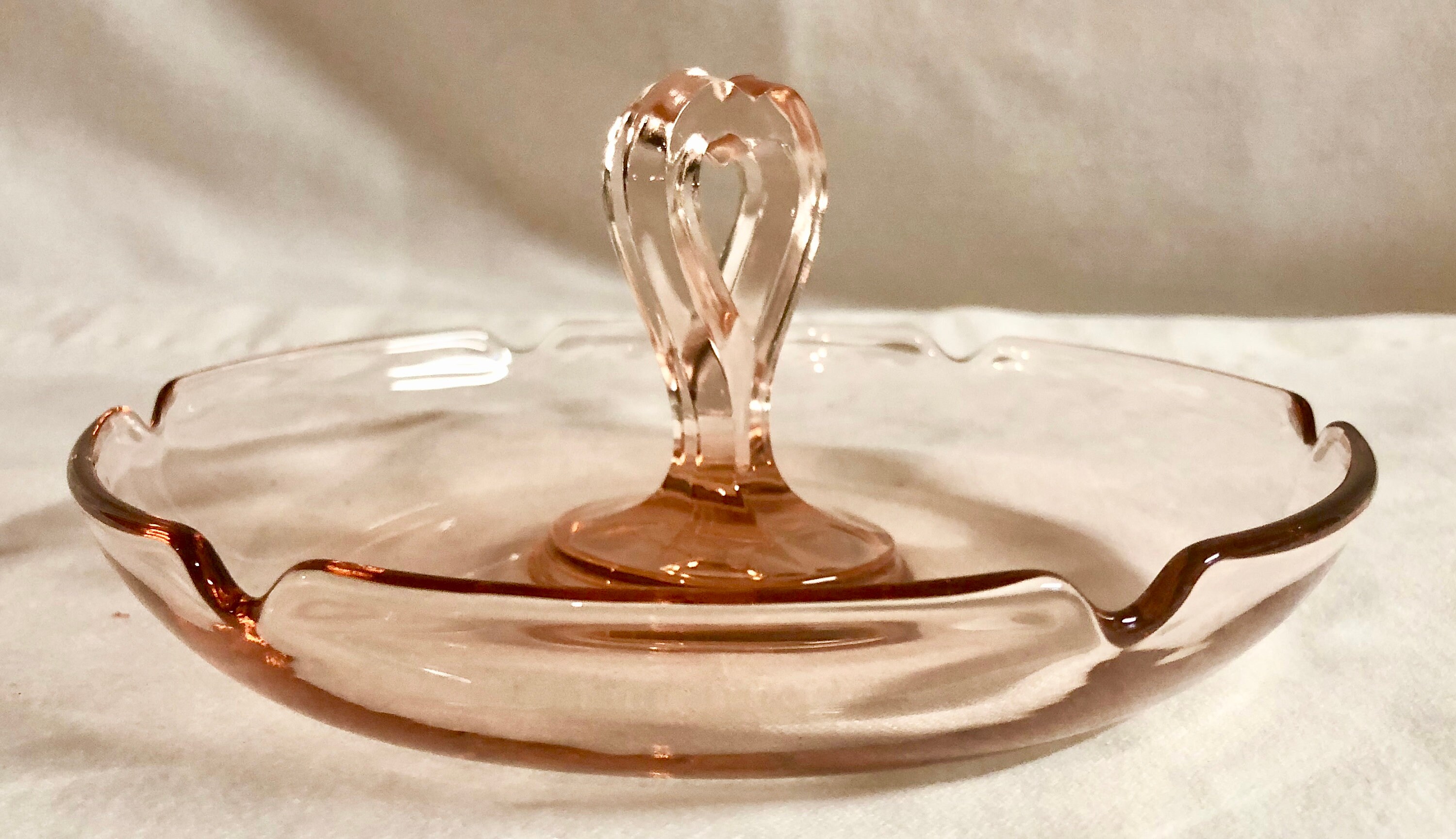 Antique Blush Pink Depression Glass Ashtray with Heart Shaped Handle