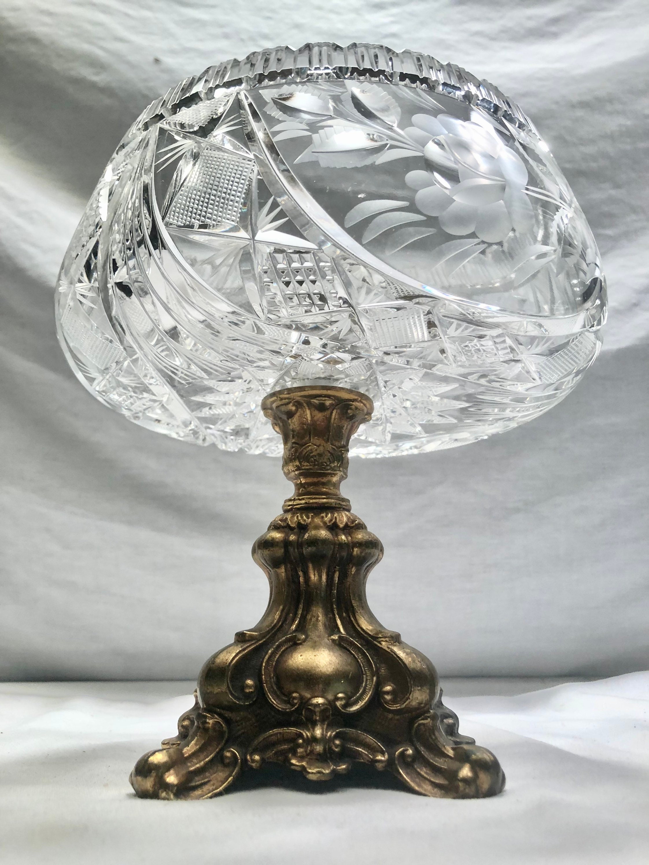 Vintage Cut Crystal Brass Pedestal Centerpiece Bowl