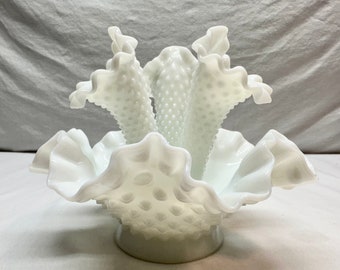 Vintage Fenton White Milk Glass Epergne with Three Hobnail Trumpets and Ruffled Edges