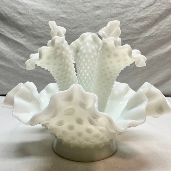 Vintage Fenton White Milk Glass Epergne with Three Hobnail Trumpets and Ruffled Edges