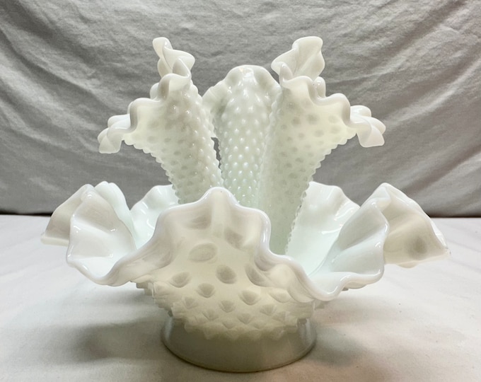 Vintage Fenton White Milk Glass Epergne with Three Hobnail Trumpets and Ruffled Edges