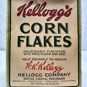 Caja de cartón original de cereales Corn Flakes de Kellogg's de 8 onzas, revestimiento Waxtite, 1925, Battle Creek, Michigan